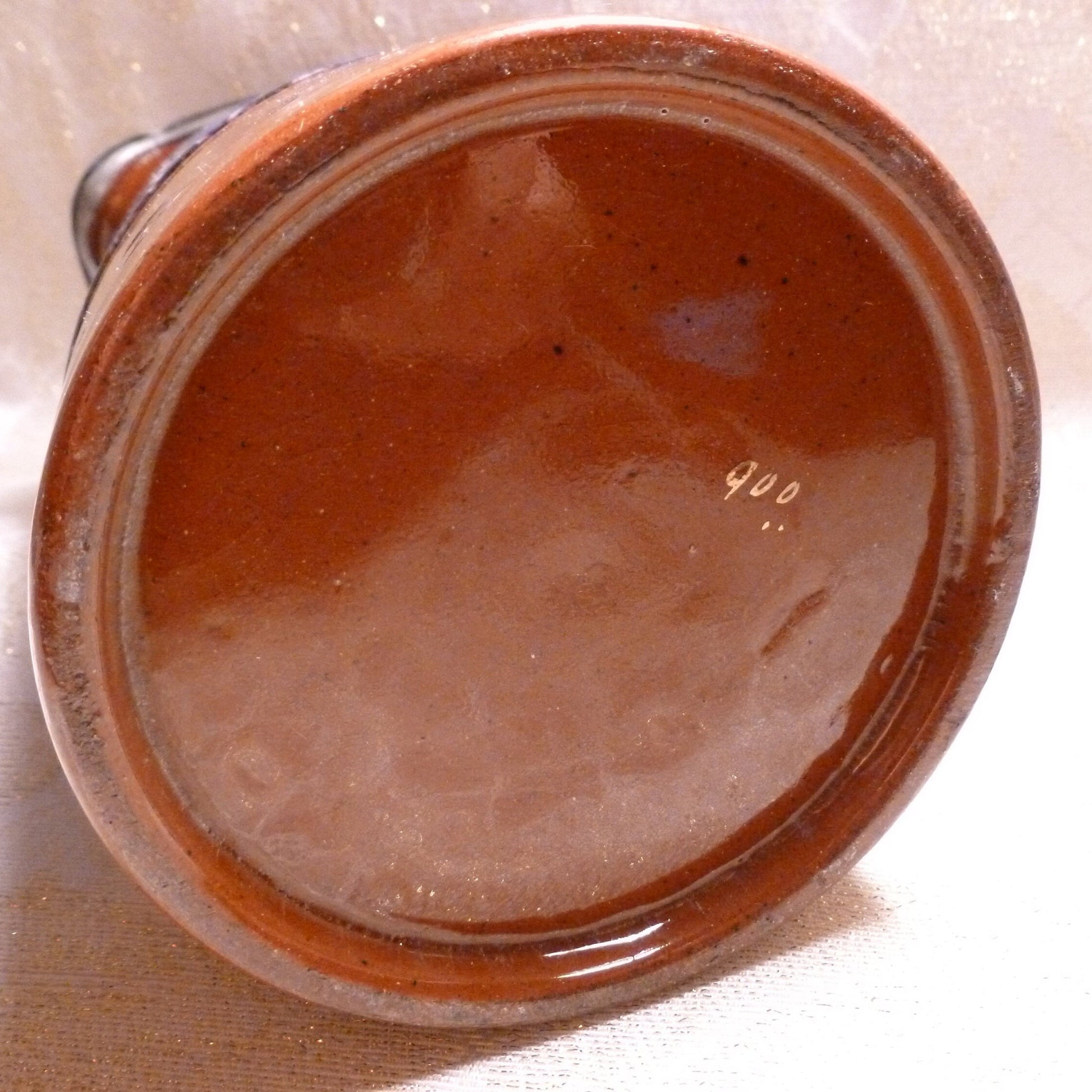 Antique Jackfield Majolica Pitcher, Pewter Lid, Blue Floral, Staffordshire England