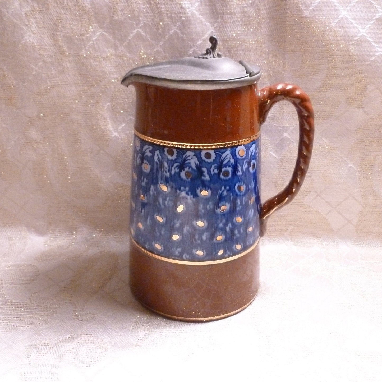 Antique Jackfield Majolica Pitcher, Pewter Lid, Blue Floral, Staffordshire England