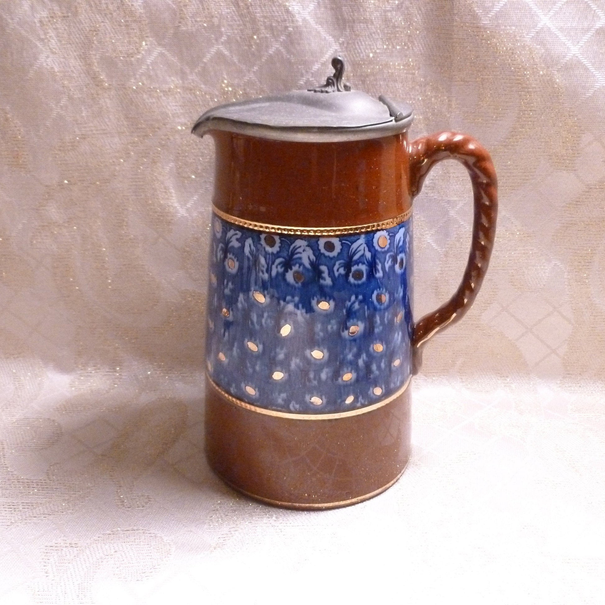 Antique Jackfield Majolica Pitcher, Pewter Lid, Blue Floral, Staffordshire England