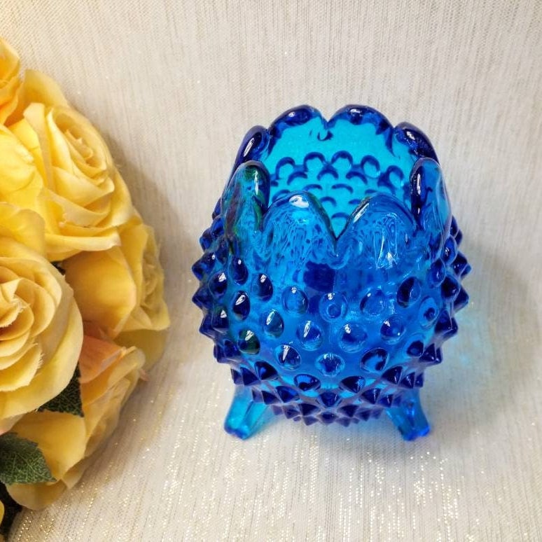 Vintage Fenton Blue Hobnail Footed Bud Vase, Floral Display
