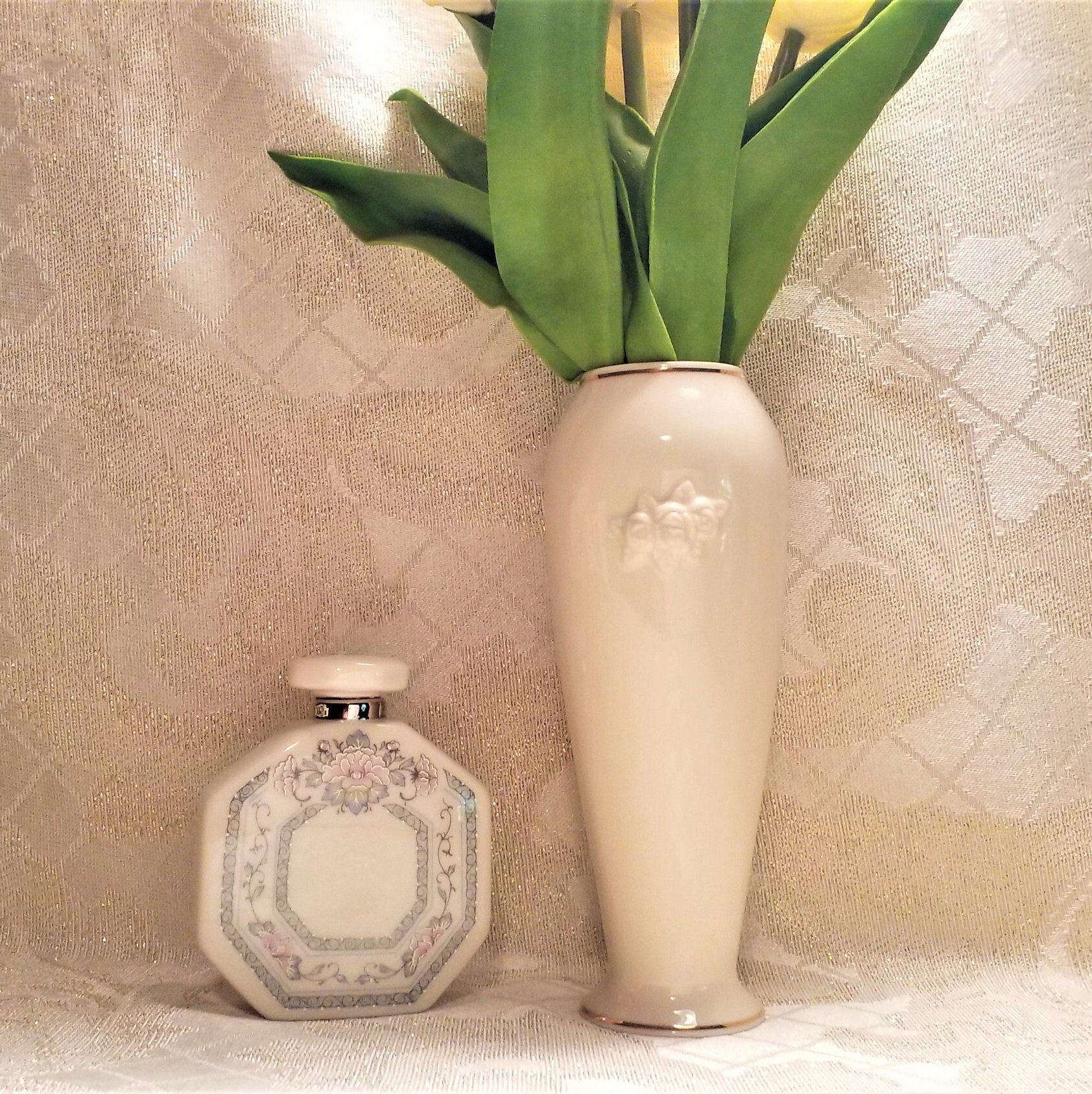 Lenox Charleston Perfume Bottle And Rosebud Vase Set Always FREE Domestic SHIPPING