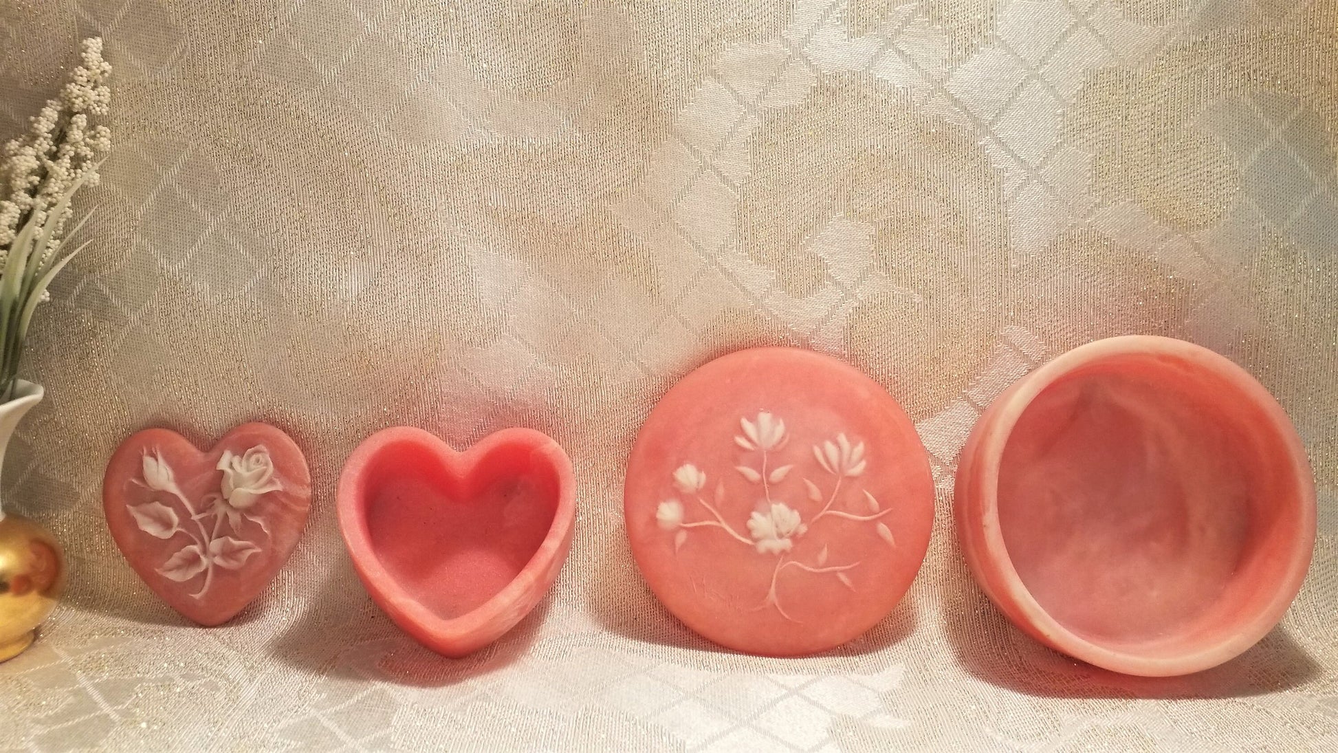 Vintage Incolay Style Trinket Boxes Floral Jewelry Holder Set Always FREE Domestic SHIPPING