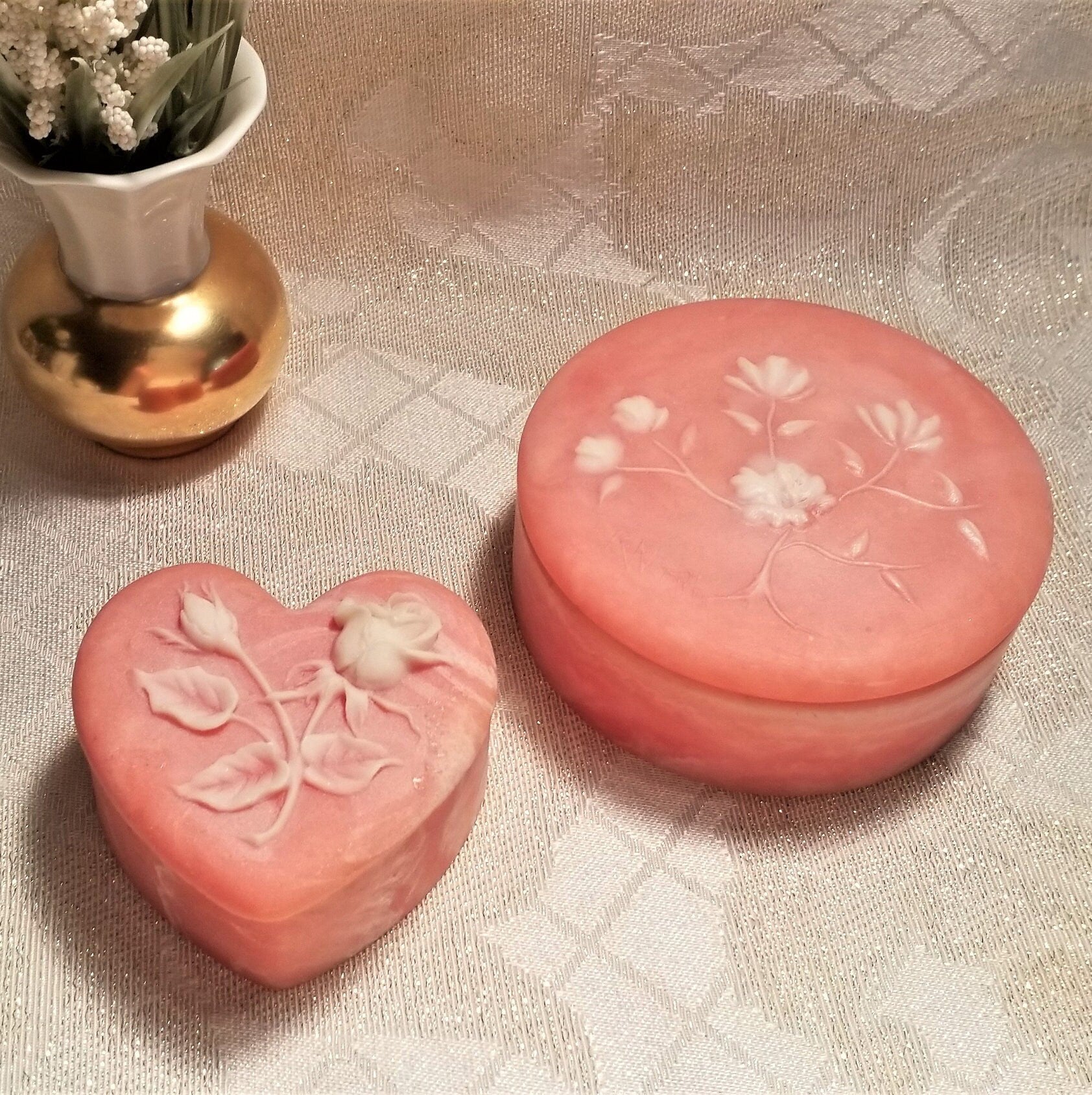 Vintage Incolay Style Trinket Boxes Floral Jewelry Holder Set Always FREE Domestic SHIPPING