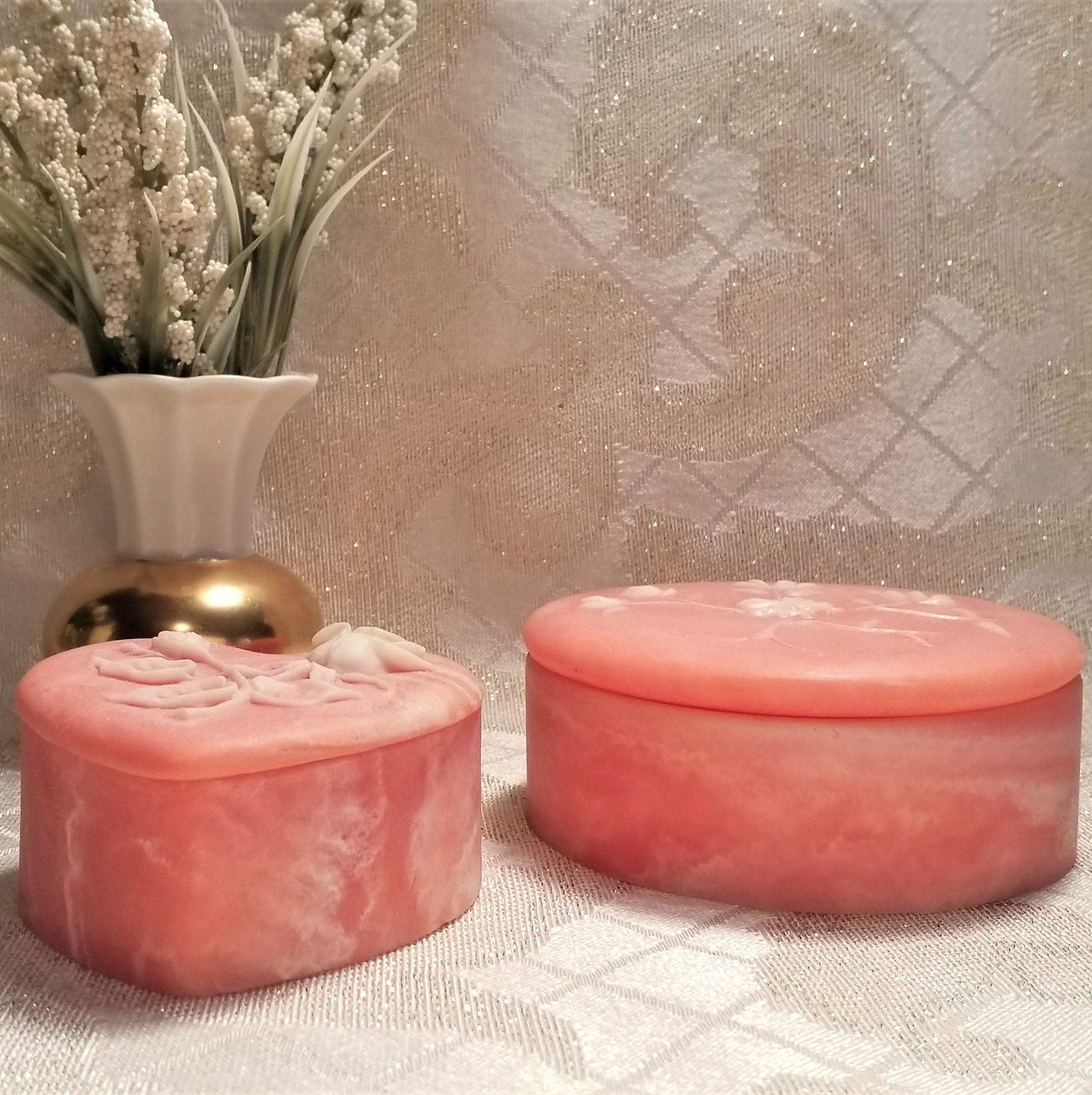 Vintage Incolay Style Trinket Boxes Floral Jewelry Holder Set Always FREE Domestic SHIPPING