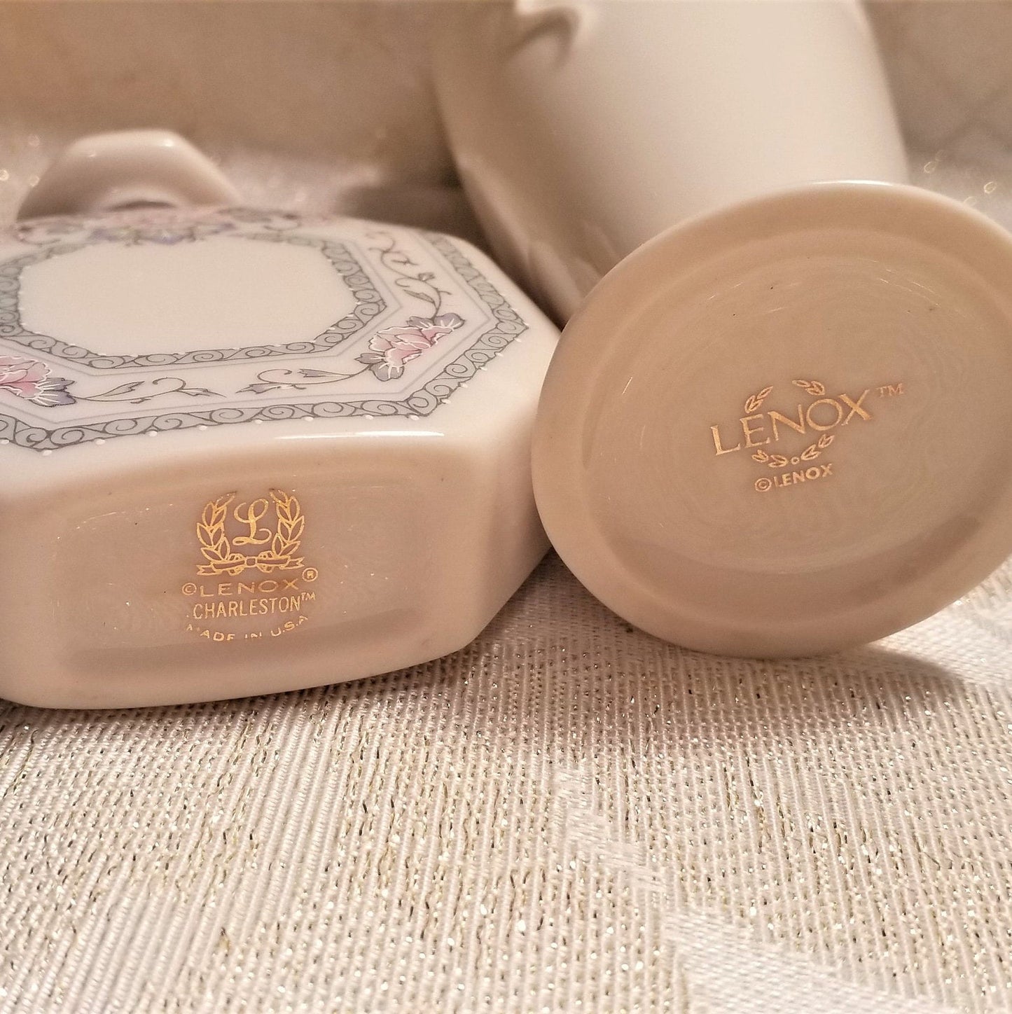 Lenox Charleston Perfume Bottle And Rosebud Vase Set Always FREE Domestic SHIPPING