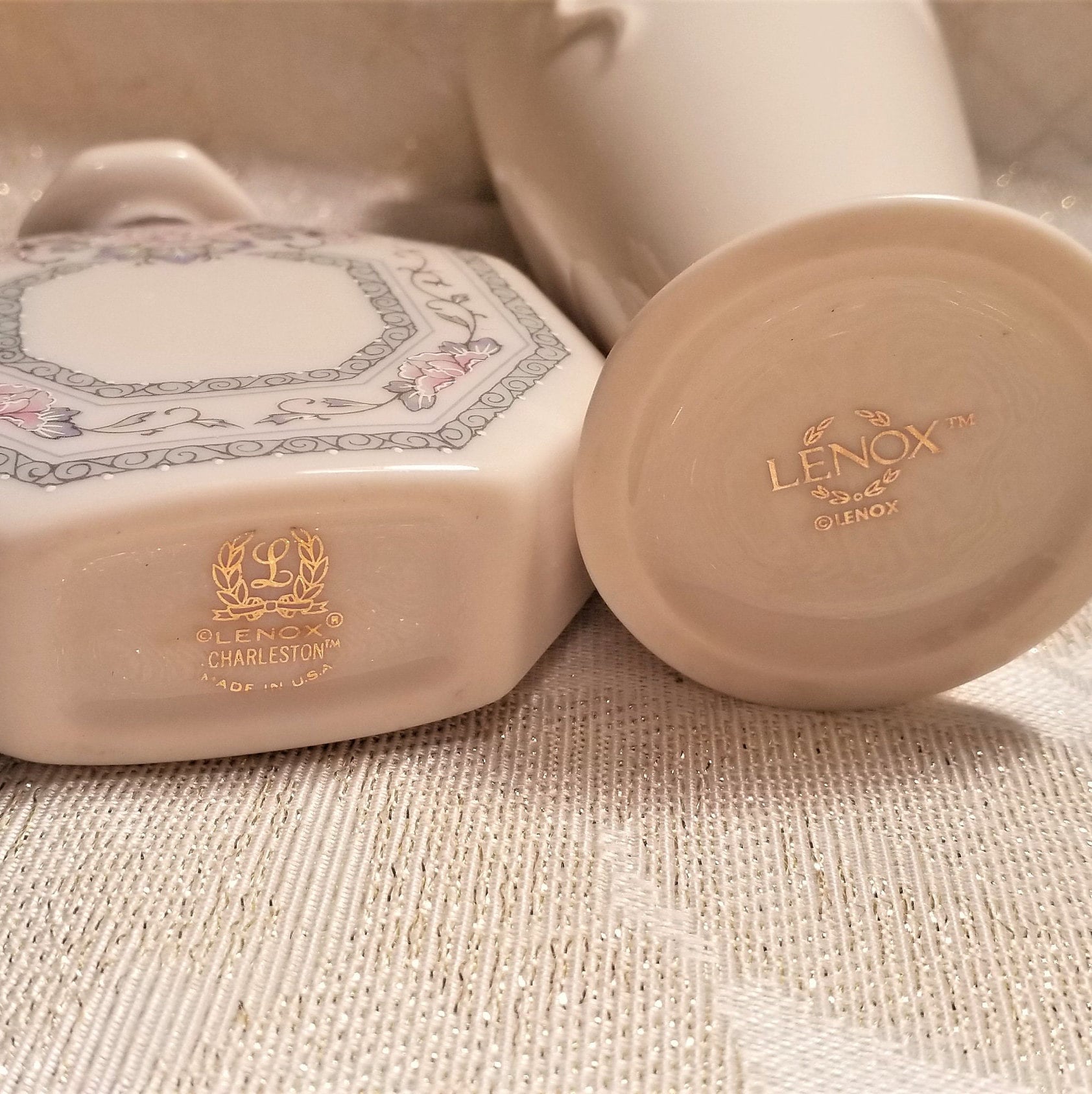 Lenox Charleston Perfume Bottle And Rosebud Vase Set Always FREE Domestic SHIPPING