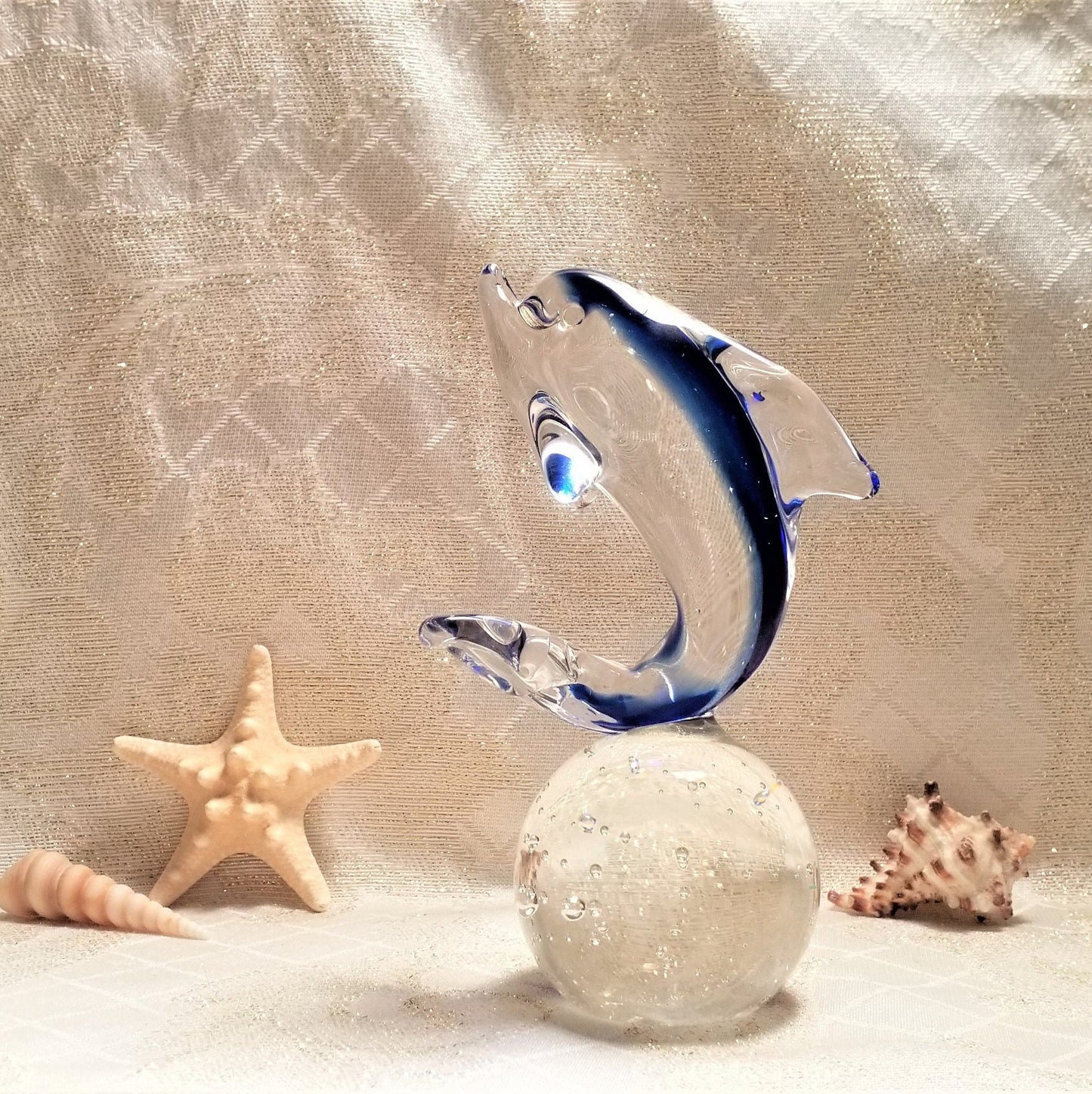 Murano Glass Dolphin Paperweight on Bubble Ball, Italian Art Glass