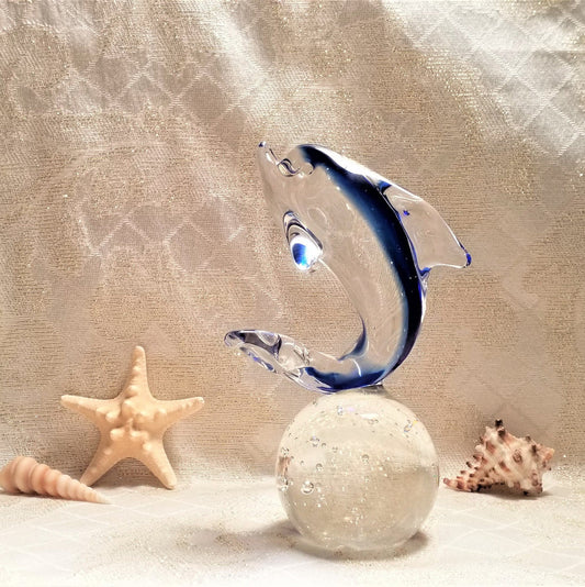 Murano Glass Dolphin Paperweight on Bubble Ball, Italian Art Glass
