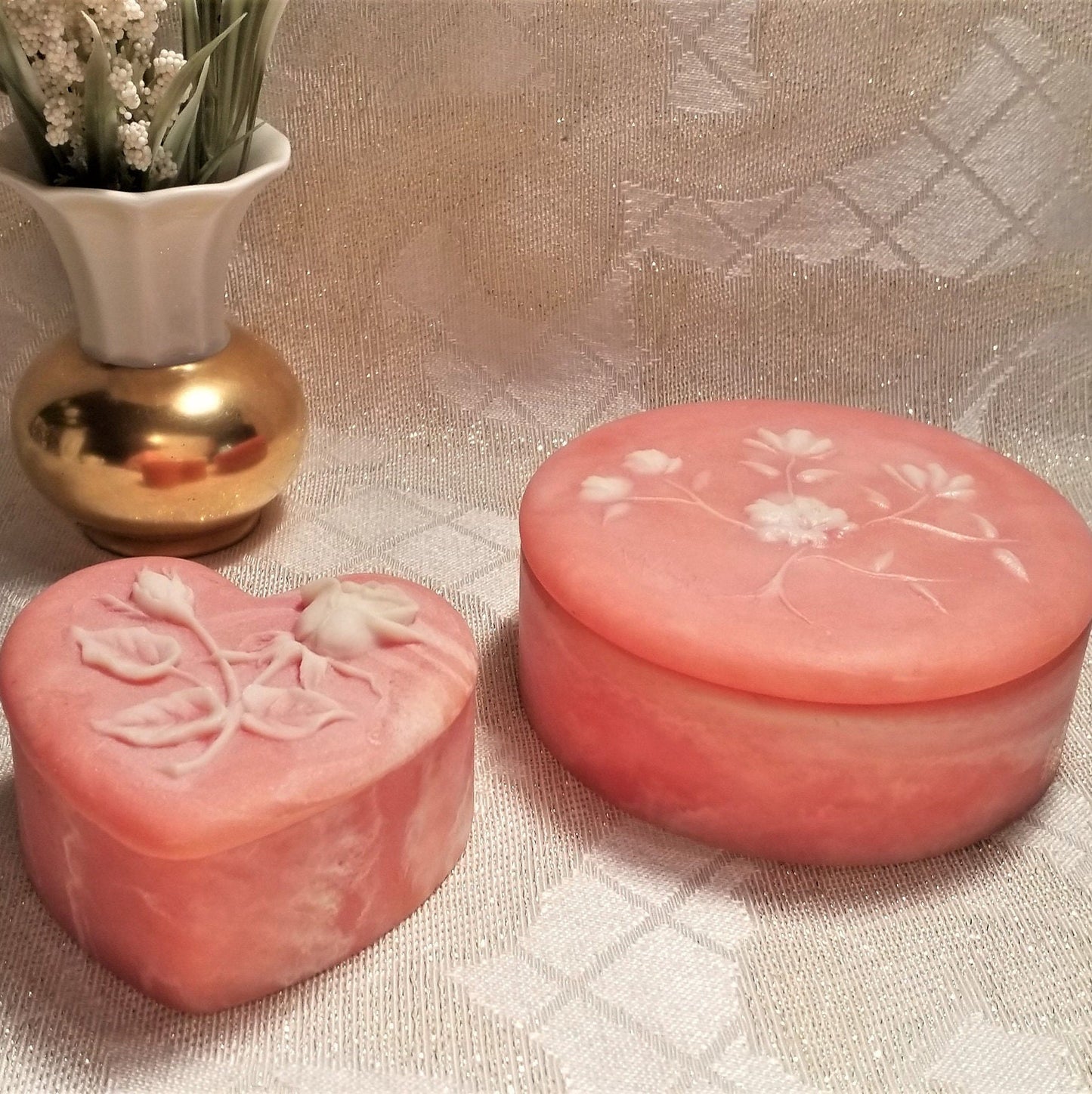 Vintage Incolay Style Trinket Boxes Floral Jewelry Holder Set Always FREE Domestic SHIPPING