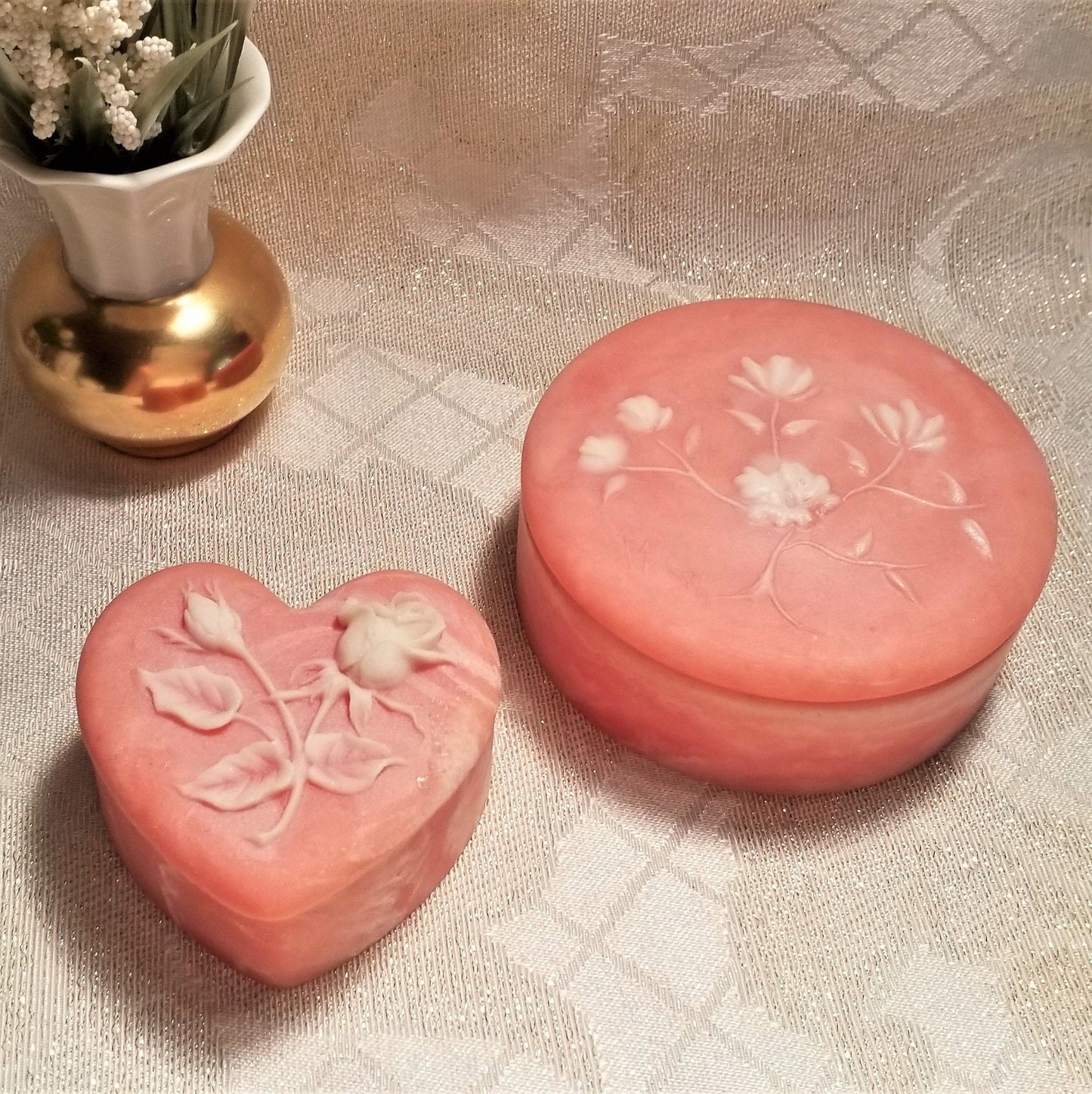 Vintage Incolay Style Trinket Boxes Floral Jewelry Holder Set Always FREE Domestic SHIPPING