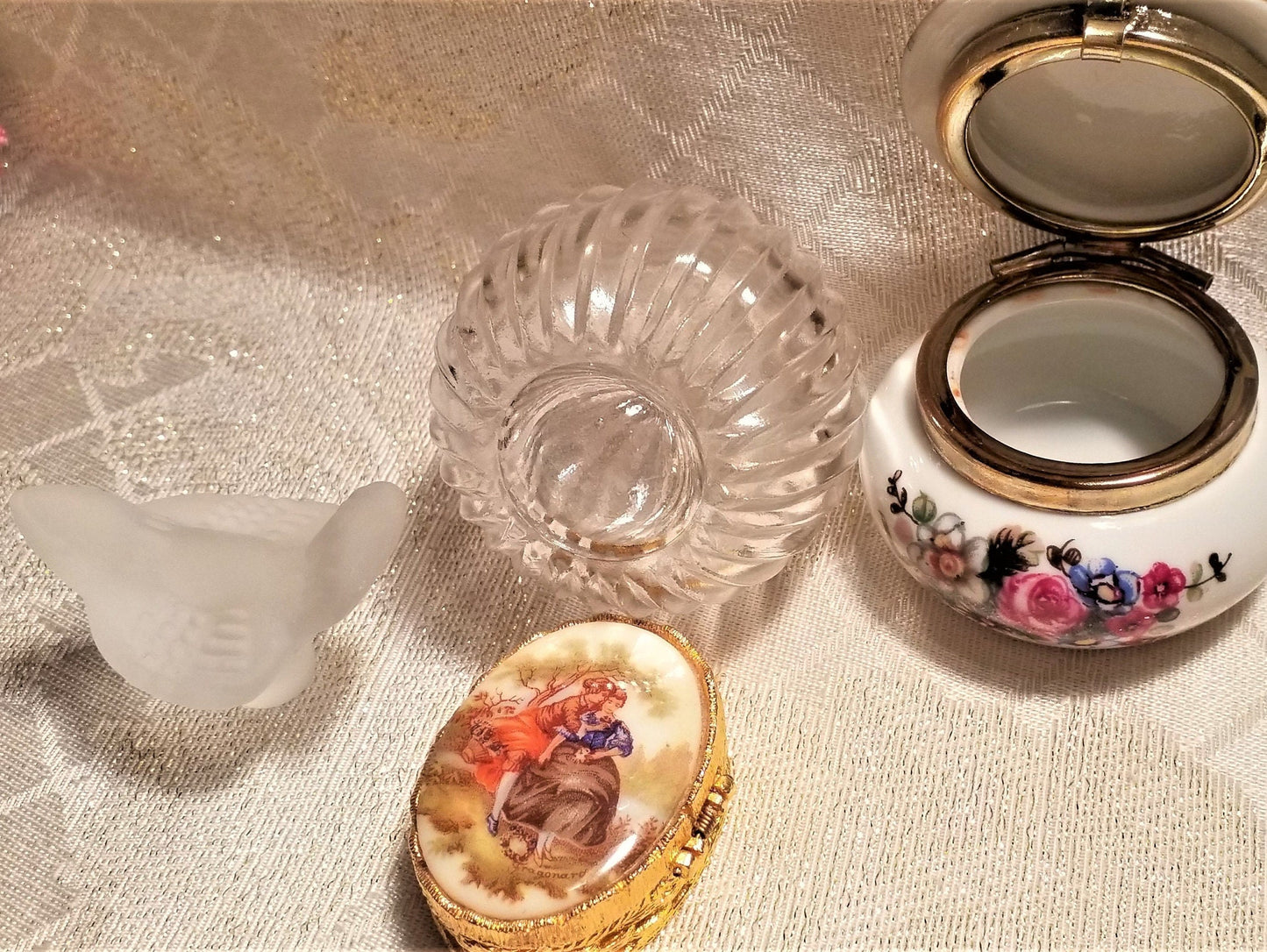 Vintage Perfume Bottle with Bird Stopper and Trinket Jars Floral And Courting Designs Always FREE Domestic SHIPPING