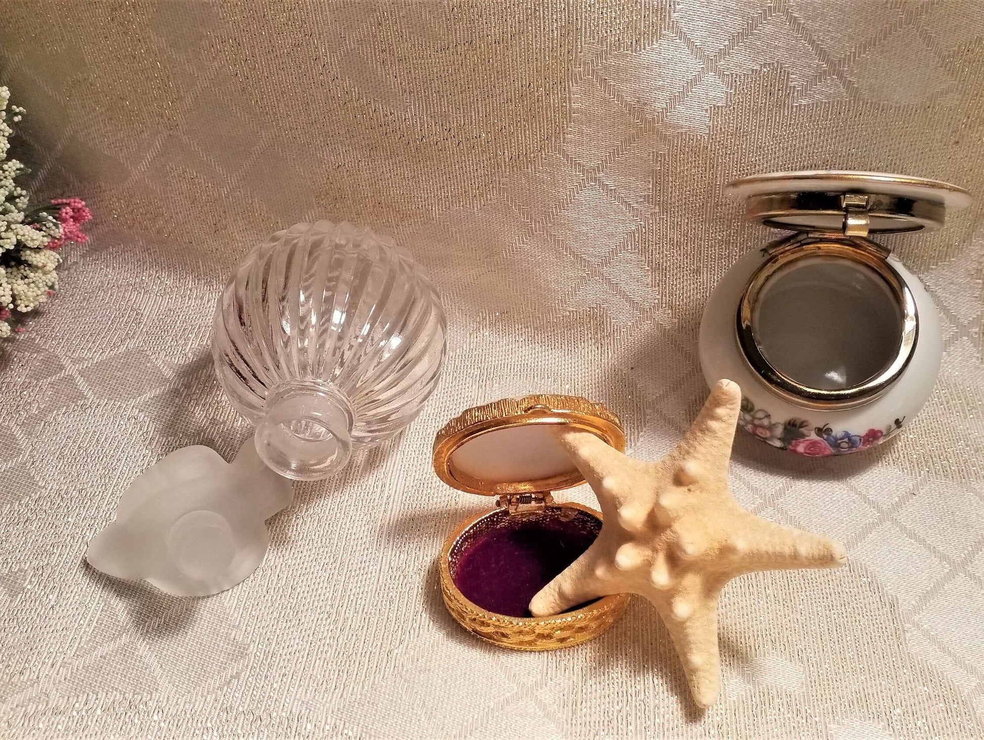 Vintage Perfume Bottle with Bird Stopper and Trinket Jars Floral And Courting Designs Always FREE Domestic SHIPPING
