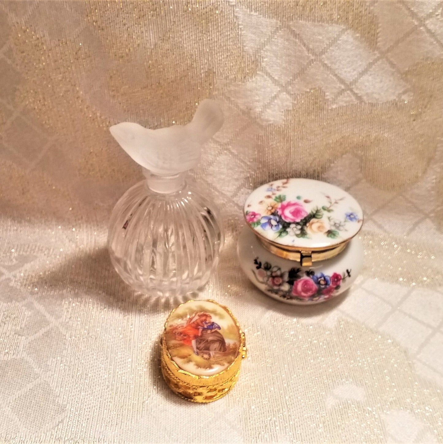 Vintage Perfume Bottle with Bird Stopper and Trinket Jars Floral And Courting Designs Always FREE Domestic SHIPPING