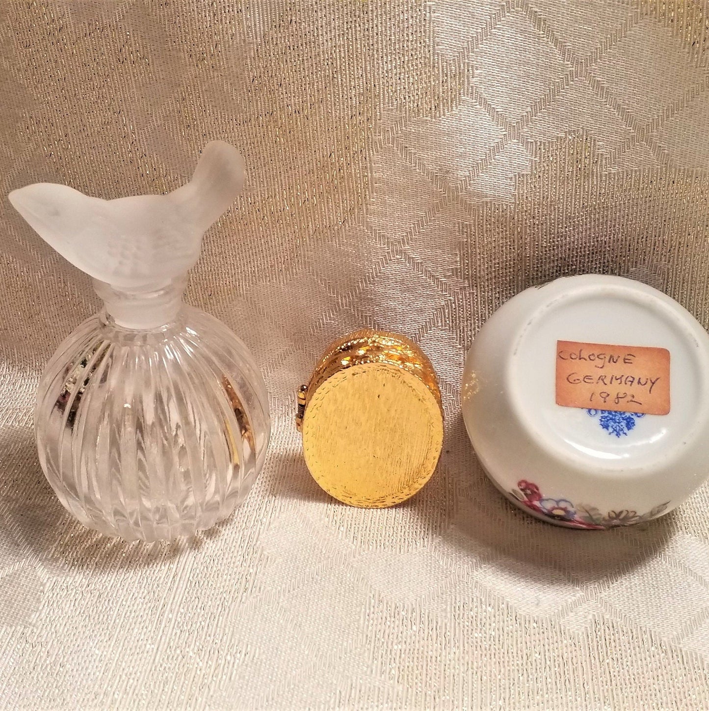 Vintage Perfume Bottle with Bird Stopper and Trinket Jars Floral And Courting Designs Always FREE Domestic SHIPPING