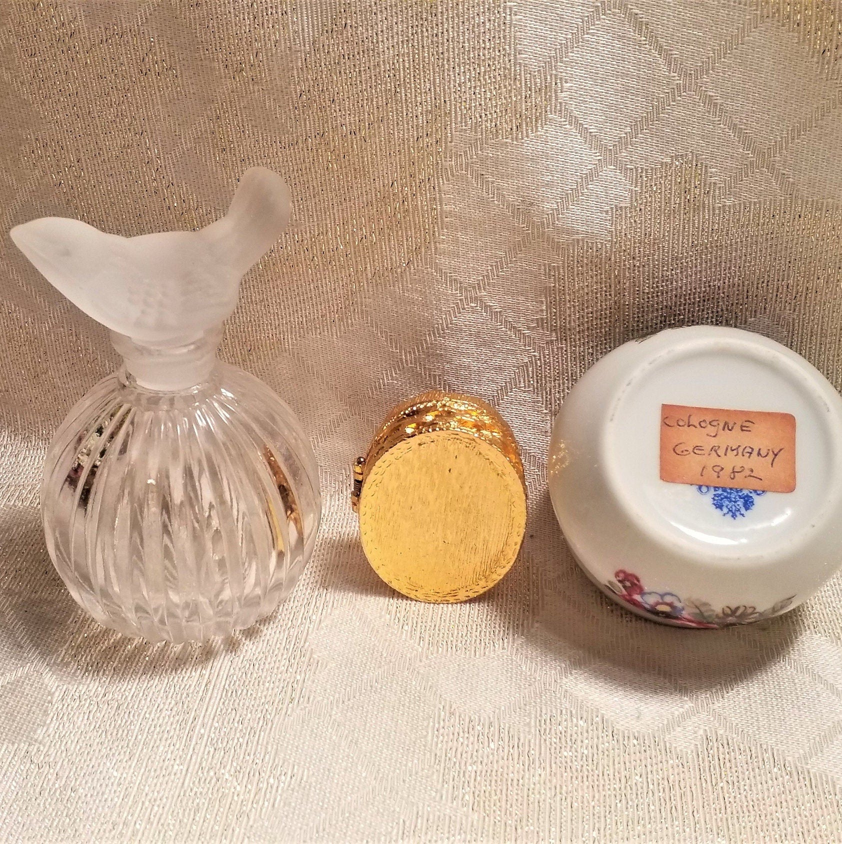 Vintage Perfume Bottle with Bird Stopper and Trinket Jars Floral And Courting Designs Always FREE Domestic SHIPPING