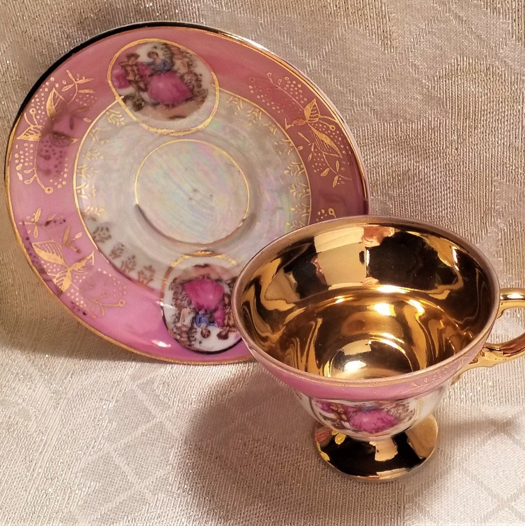 Royal Crown Demitasse Cup & Saucer, Pink Lusterware, Gold Trim, Courting Pattern