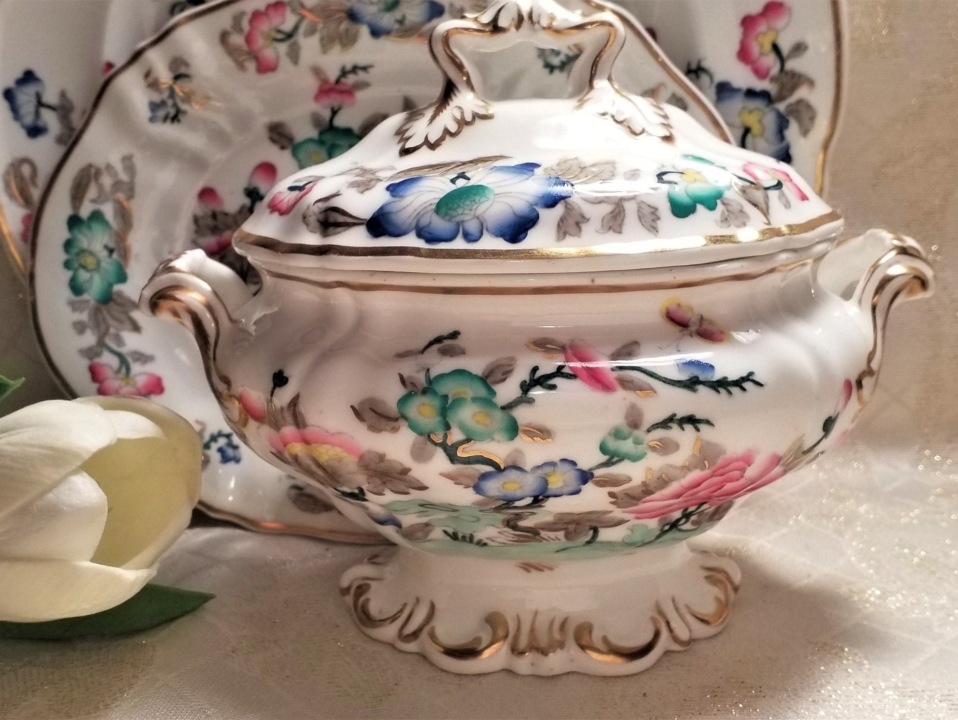 Vintage Tree Of Life Porcelain Serving Set: Tureen, Lid & Saucer