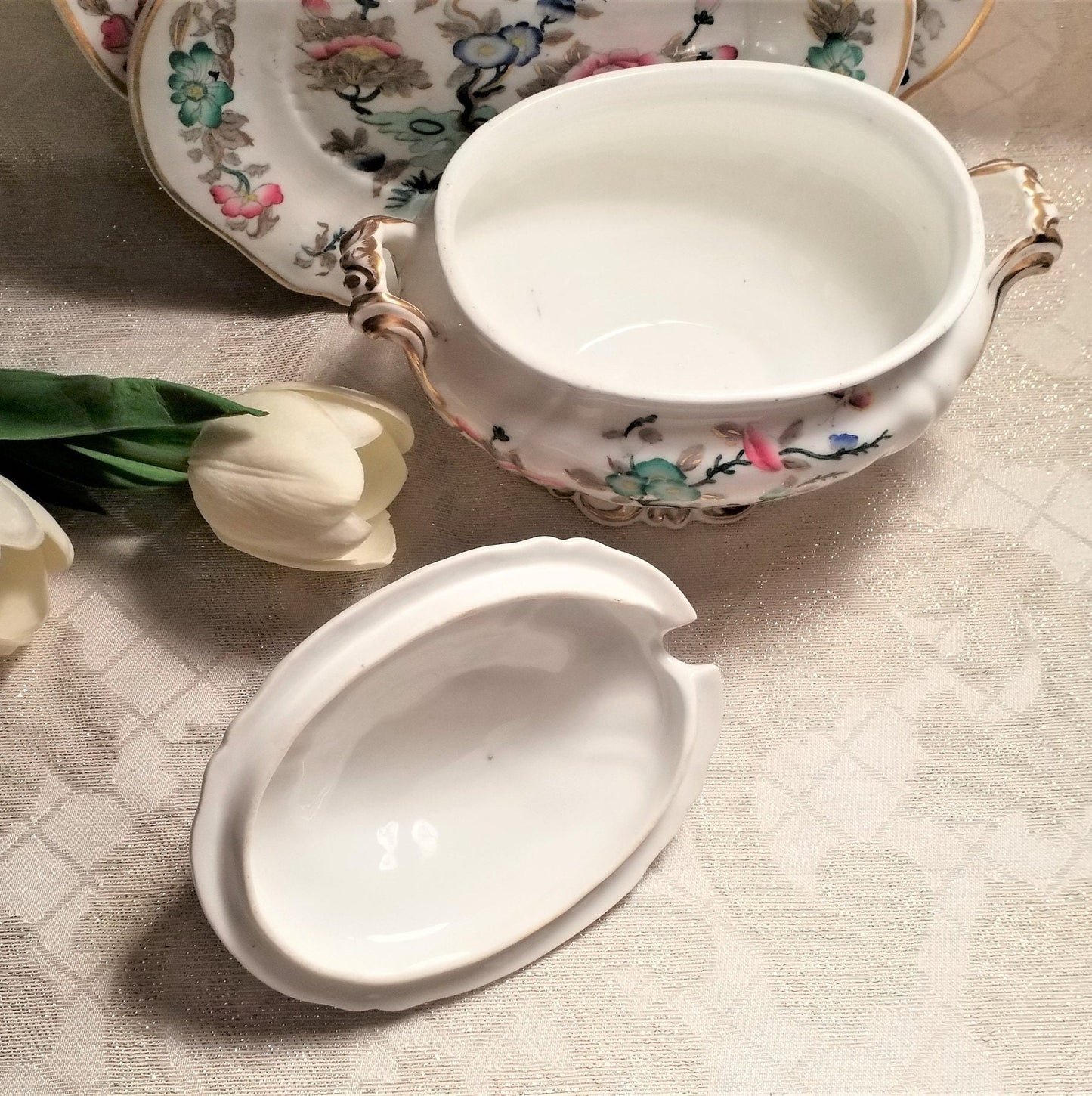 Vintage Tree Of Life Porcelain Serving Set: Tureen, Lid & Saucer