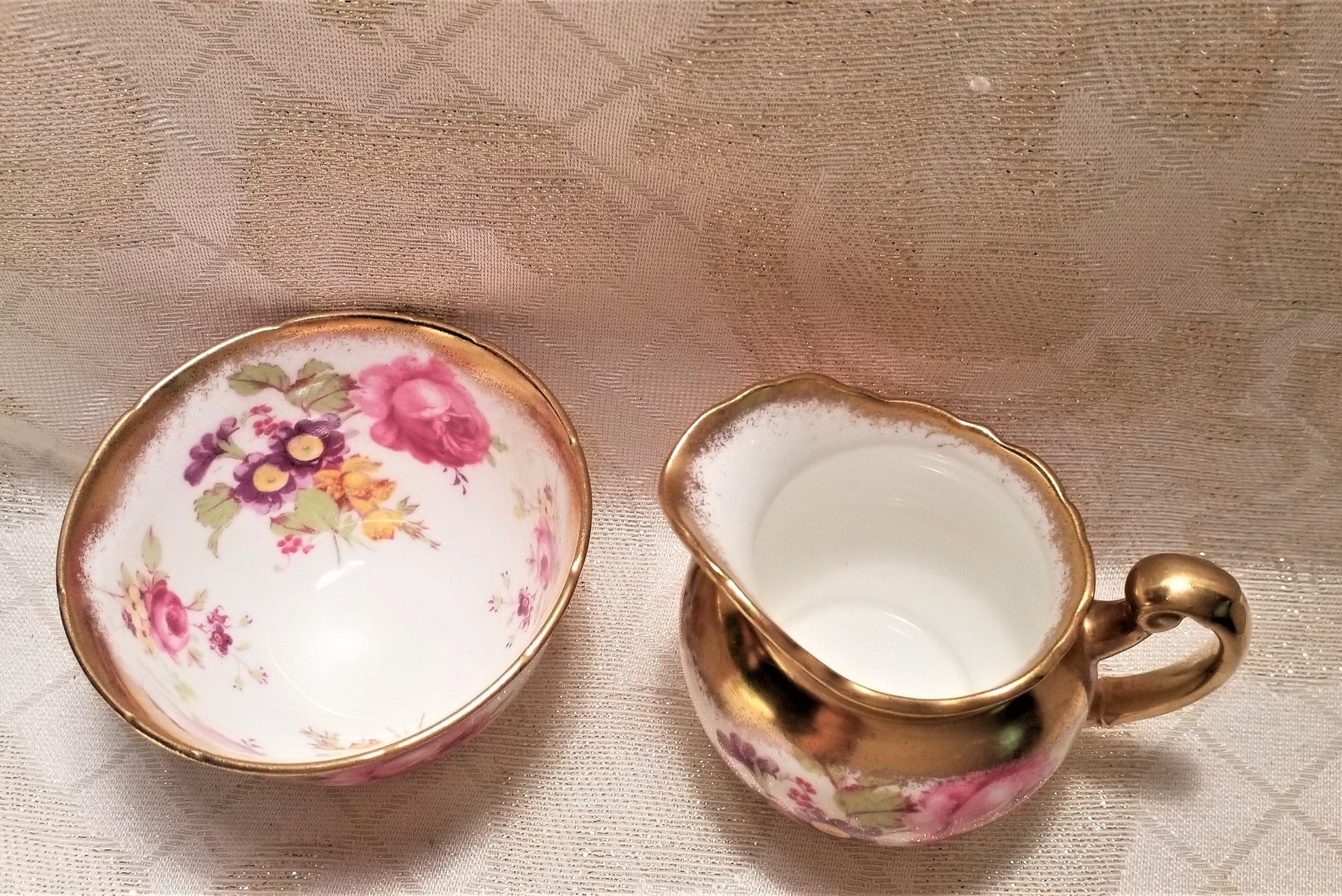 Vintage Foley Bone China Creamer and Sugar Bowl, Floral with Gold Trim