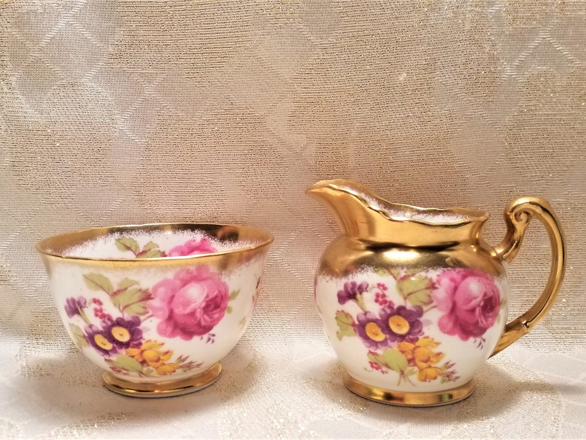 Vintage Foley Bone China Creamer and Sugar Bowl, Floral with Gold Trim