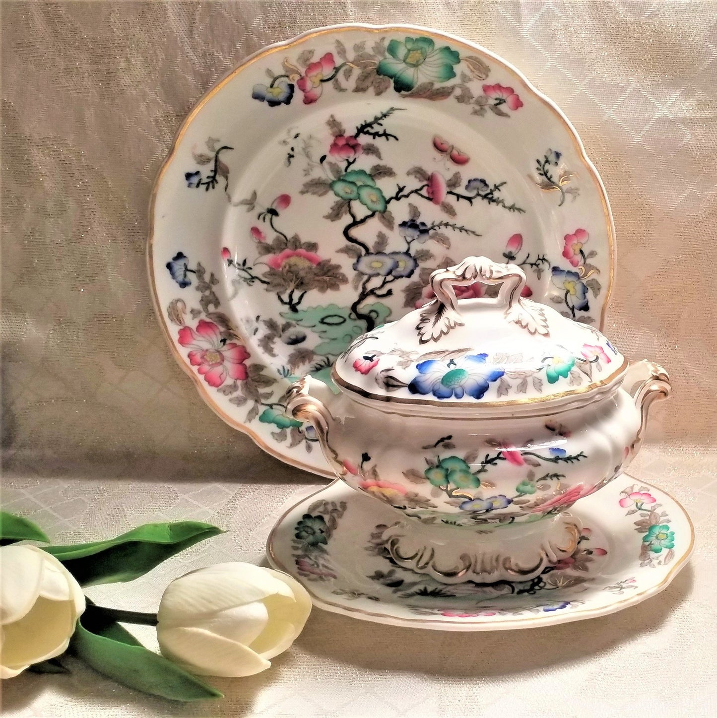 Vintage Tree Of Life Porcelain Serving Set: Tureen, Lid & Saucer