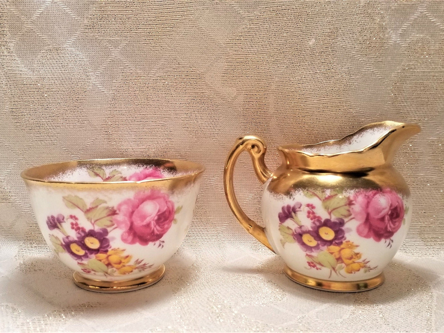Vintage Foley Bone China Creamer and Sugar Bowl, Floral with Gold Trim
