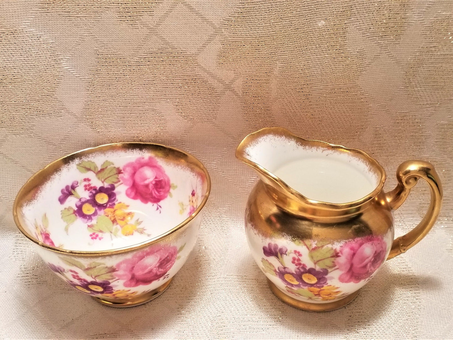 Vintage Foley Bone China Creamer and Sugar Bowl, Floral with Gold Trim