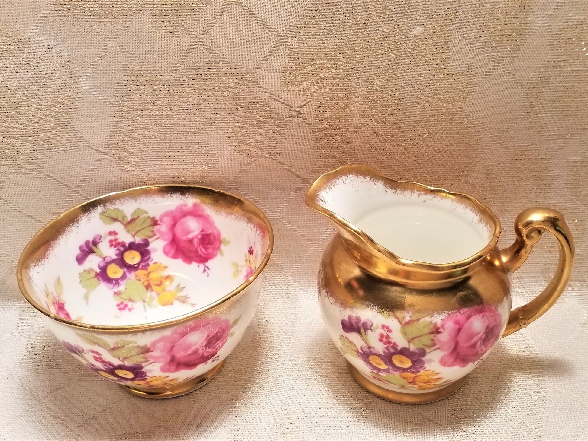 Vintage Foley Bone China Creamer and Sugar Bowl, Floral with Gold Trim