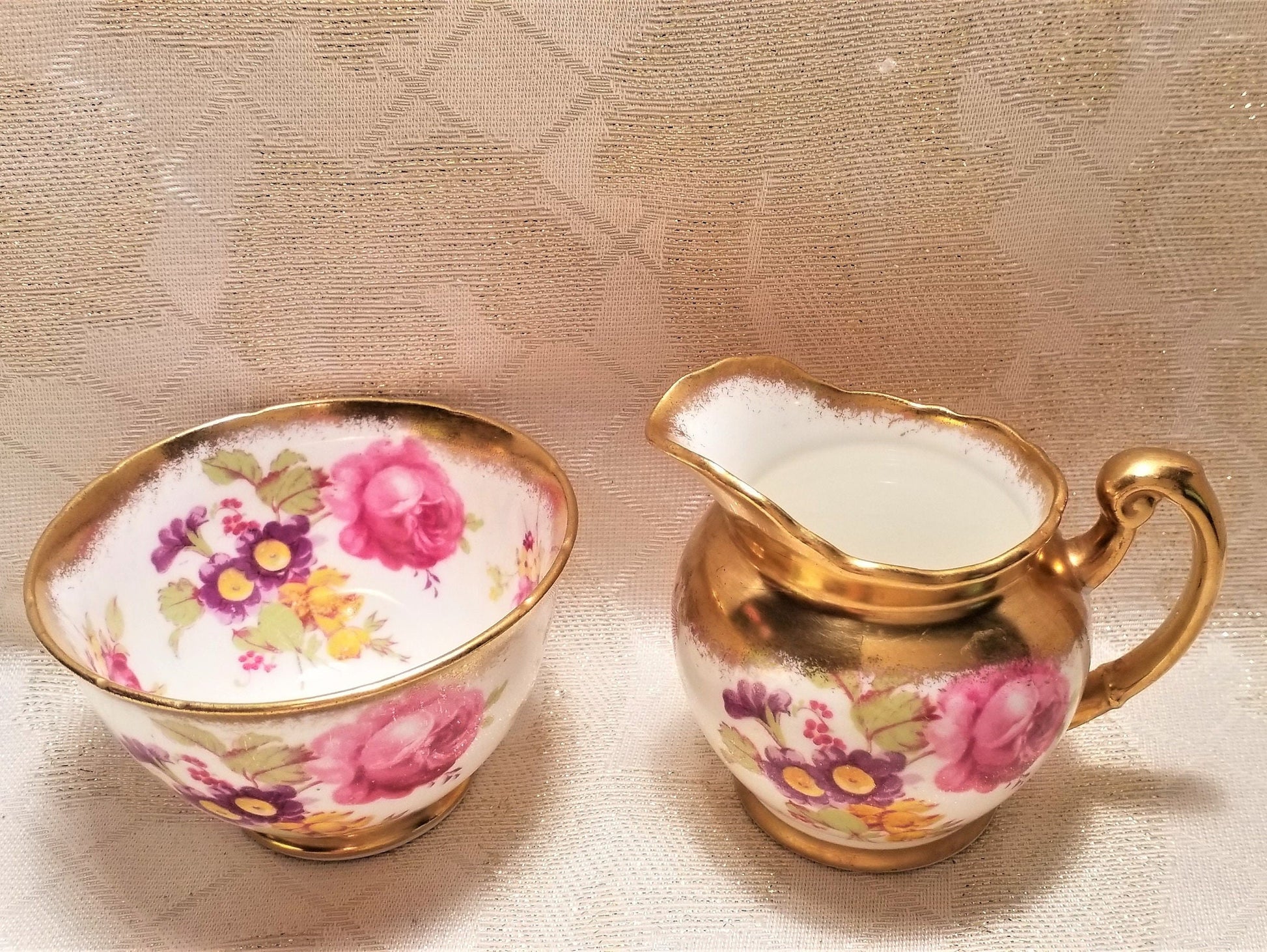 Vintage Foley Bone China Creamer and Sugar Bowl, Floral with Gold Trim