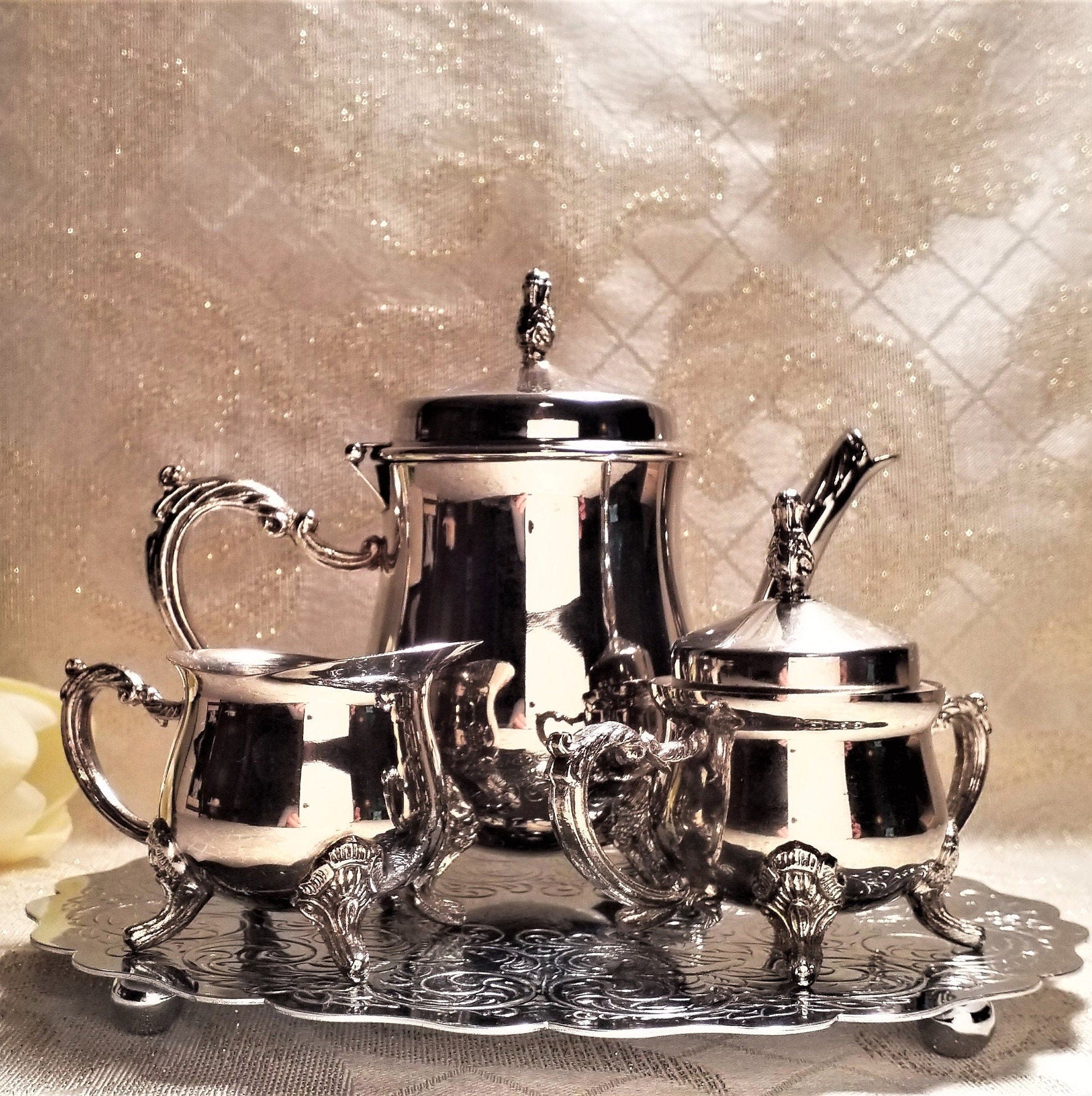 Vintage Silverplate Tea Set For One With Trivet, Elegant Display