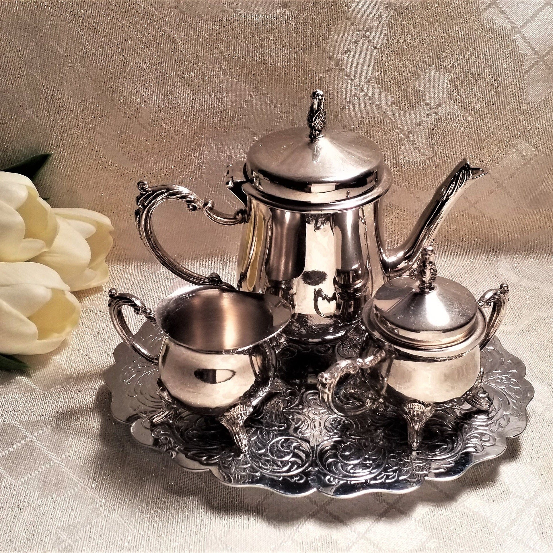 Vintage Silverplate Tea Set For One With Trivet, Elegant Display