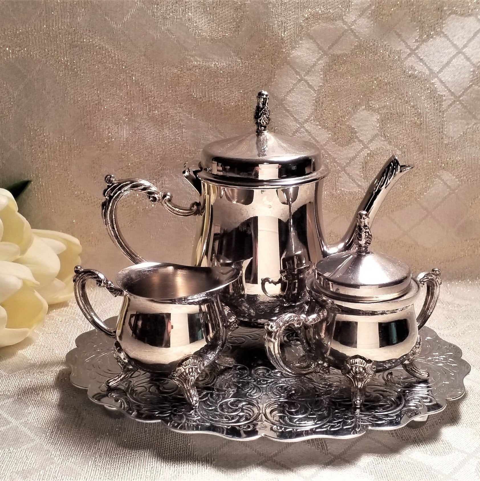Vintage Silverplate Tea Set For One With Trivet, Elegant Display