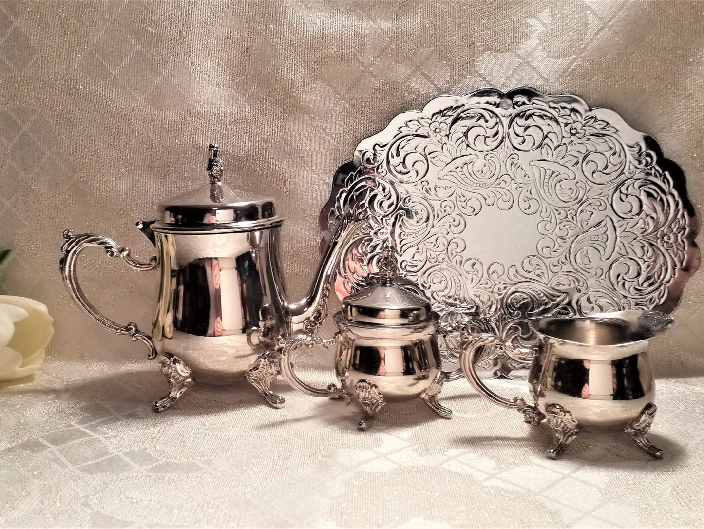 Vintage Silverplate Tea Set For One With Trivet, Elegant Display