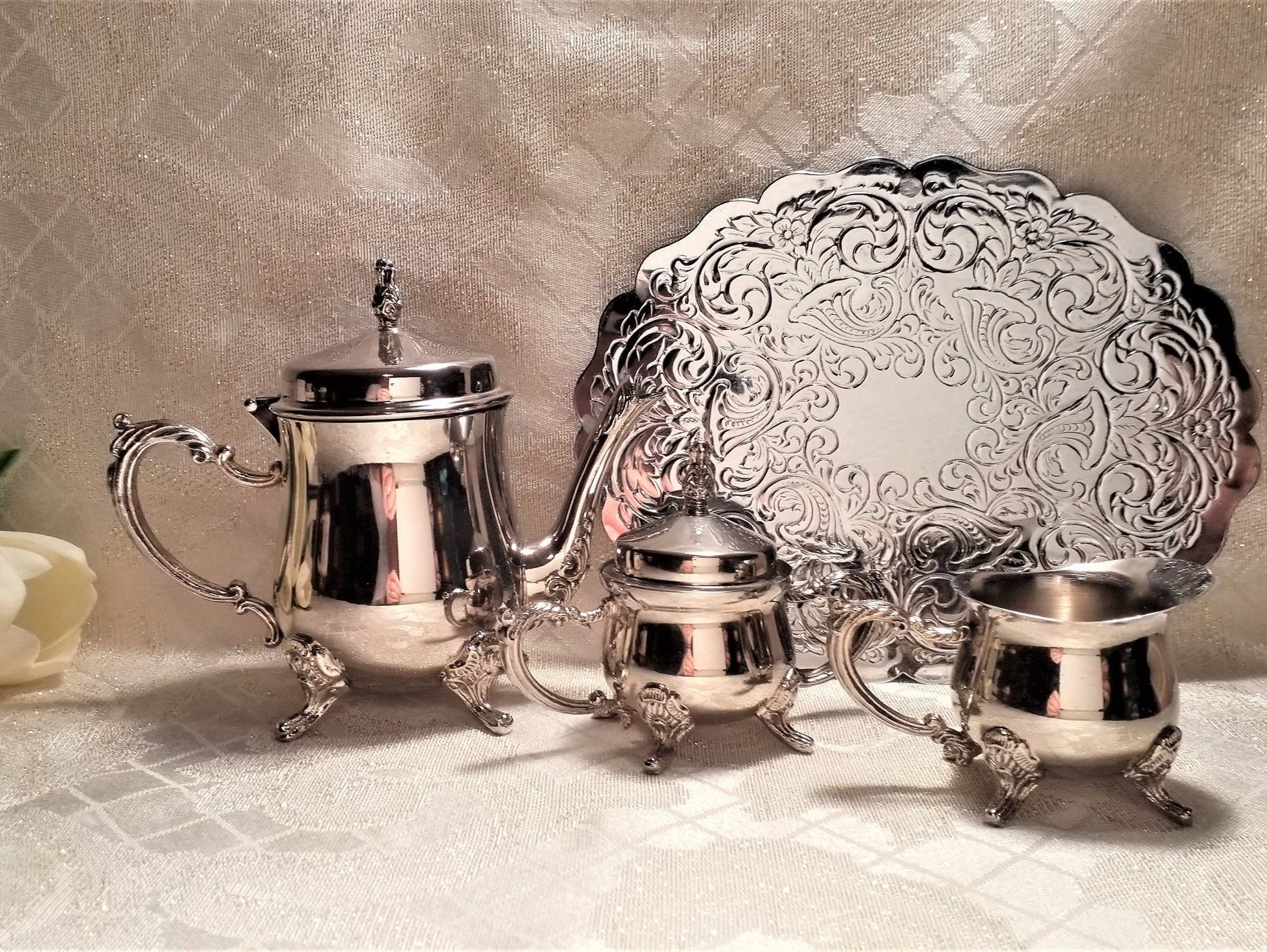 Vintage Silverplate Tea Set For One With Trivet, Elegant Display