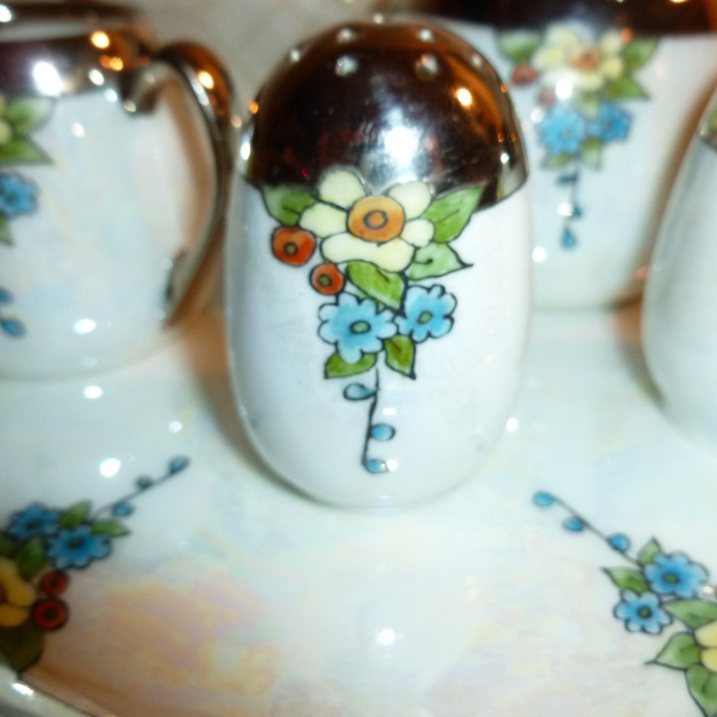 Vintage Lusterware Condiment Set: Floral Design, Silver Glaze, Germany