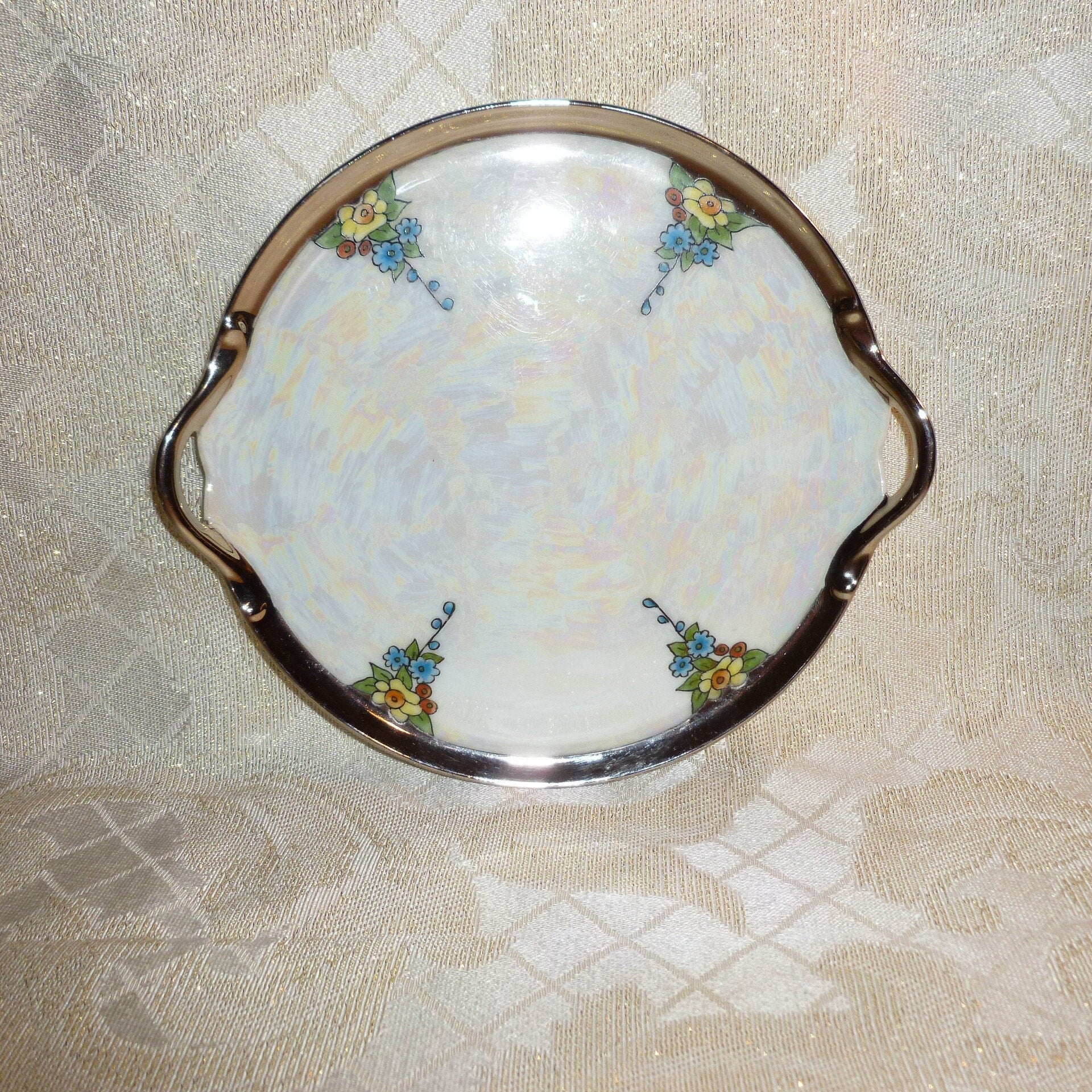 Vintage Lusterware Condiment Set: Floral Design, Silver Glaze, Germany