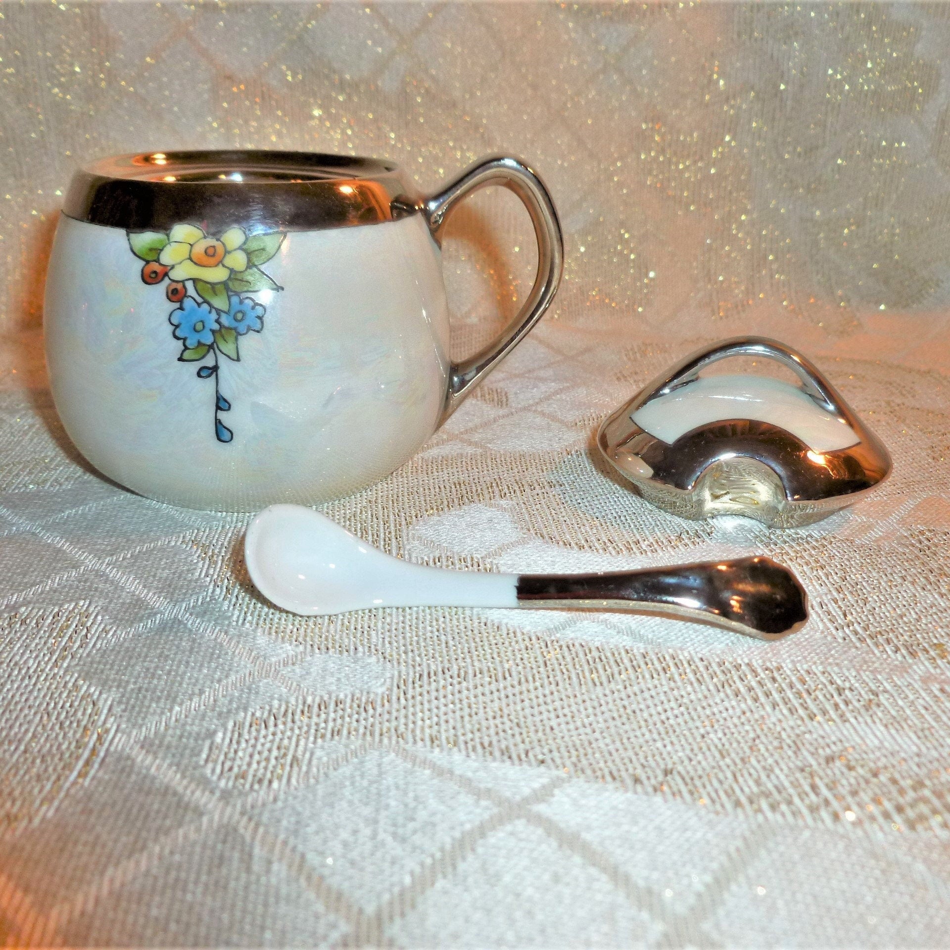 Vintage Lusterware Condiment Set: Floral Design, Silver Glaze, Germany