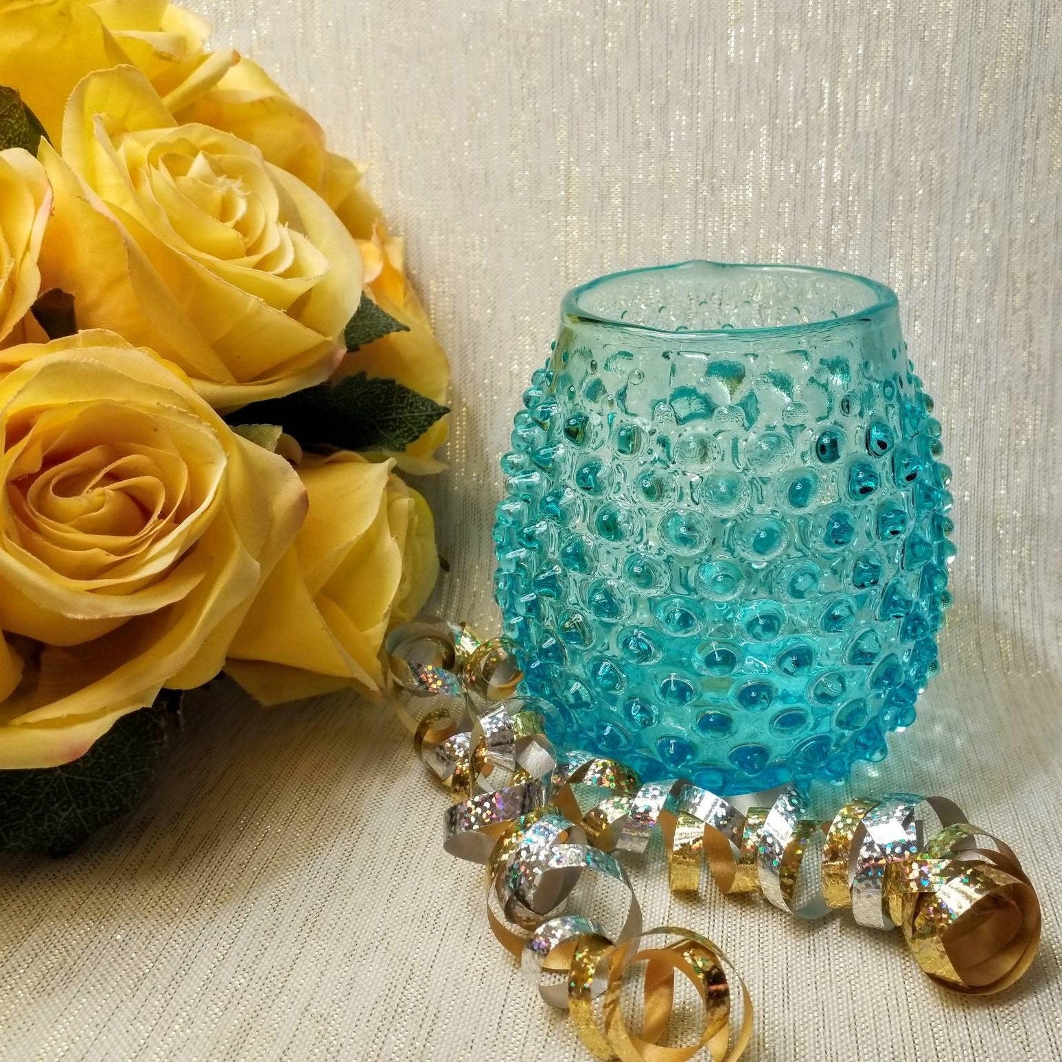 Vintage Ucagco Teal Blue Hobnail Vase, Made in Italy