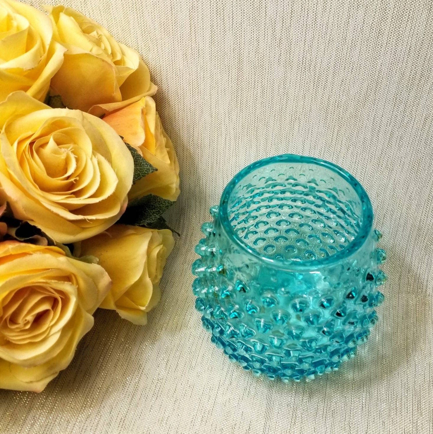 Vintage Ucagco Teal Blue Hobnail Vase, Made in Italy