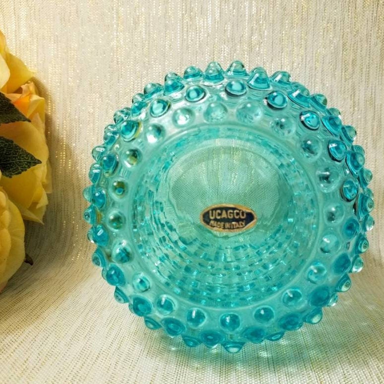 Vintage Ucagco Teal Blue Hobnail Vase, Made in Italy