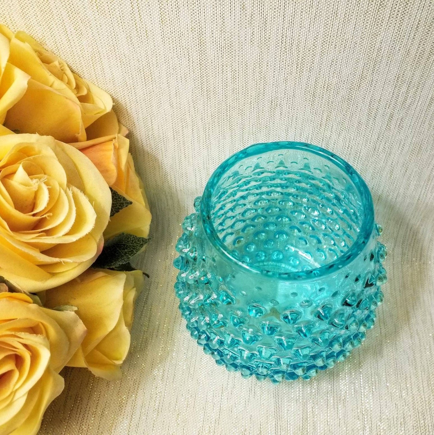 Vintage Ucagco Teal Blue Hobnail Vase, Made in Italy