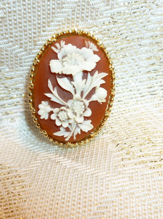 Vintage Trifari Cameo Brooch: Floral Bouquet, Caramel Color