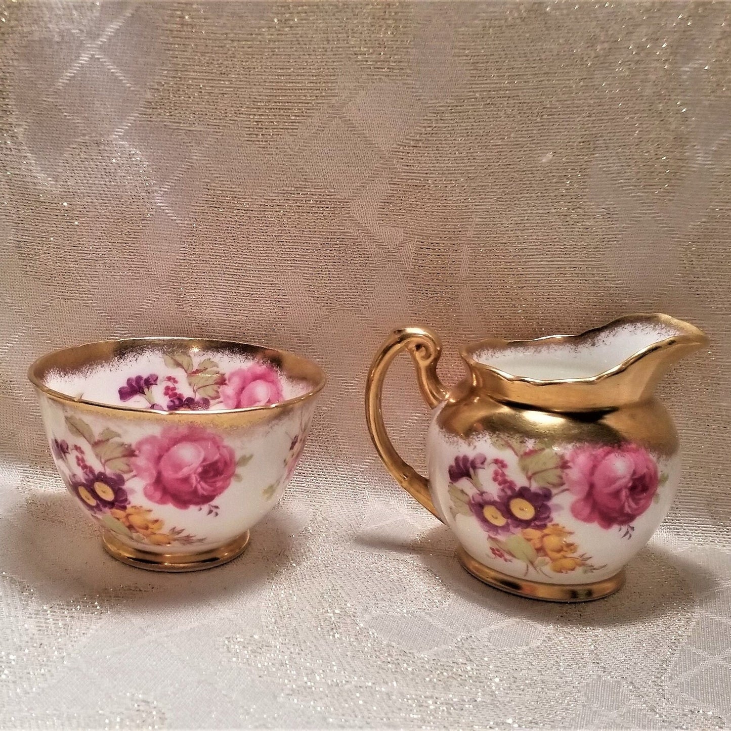 Vintage Foley Bone China Creamer and Sugar Bowl, Floral with Gold Trim
