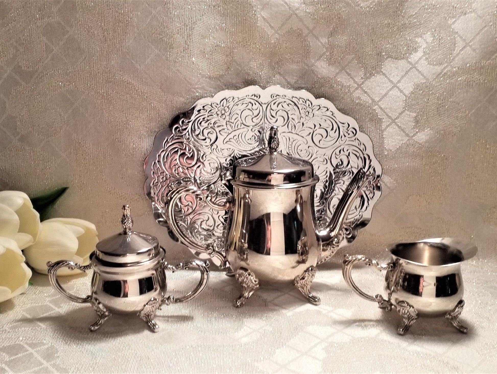 Vintage Silverplate Tea Set For One With Trivet, Elegant Display
