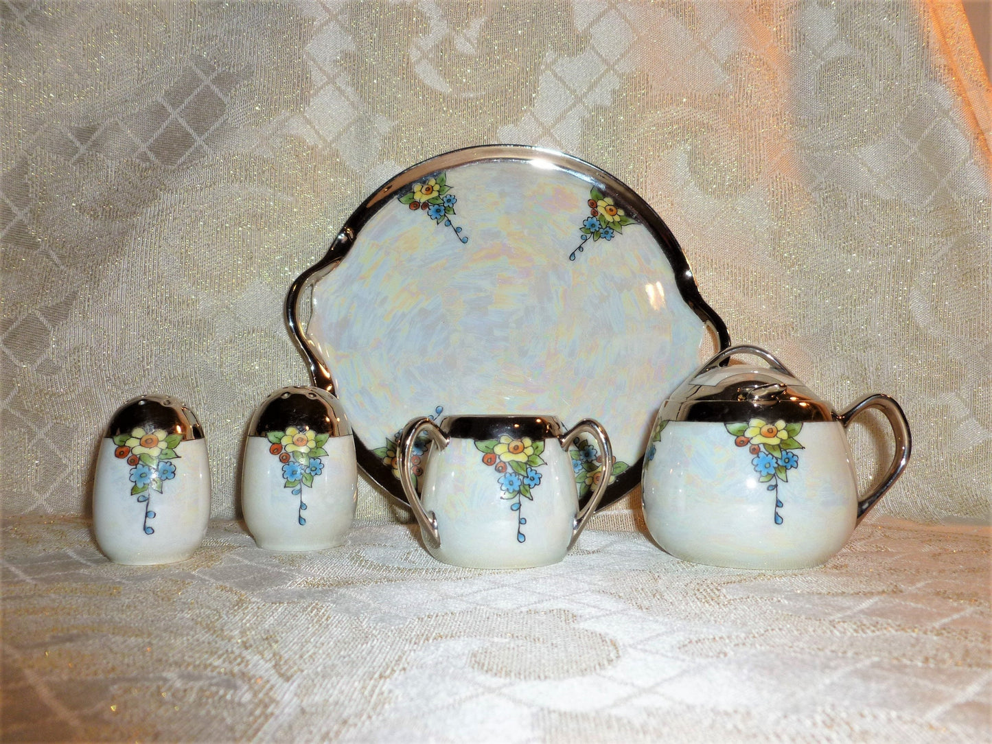 Vintage Lusterware Condiment Set: Floral Design, Silver Glaze, Germany