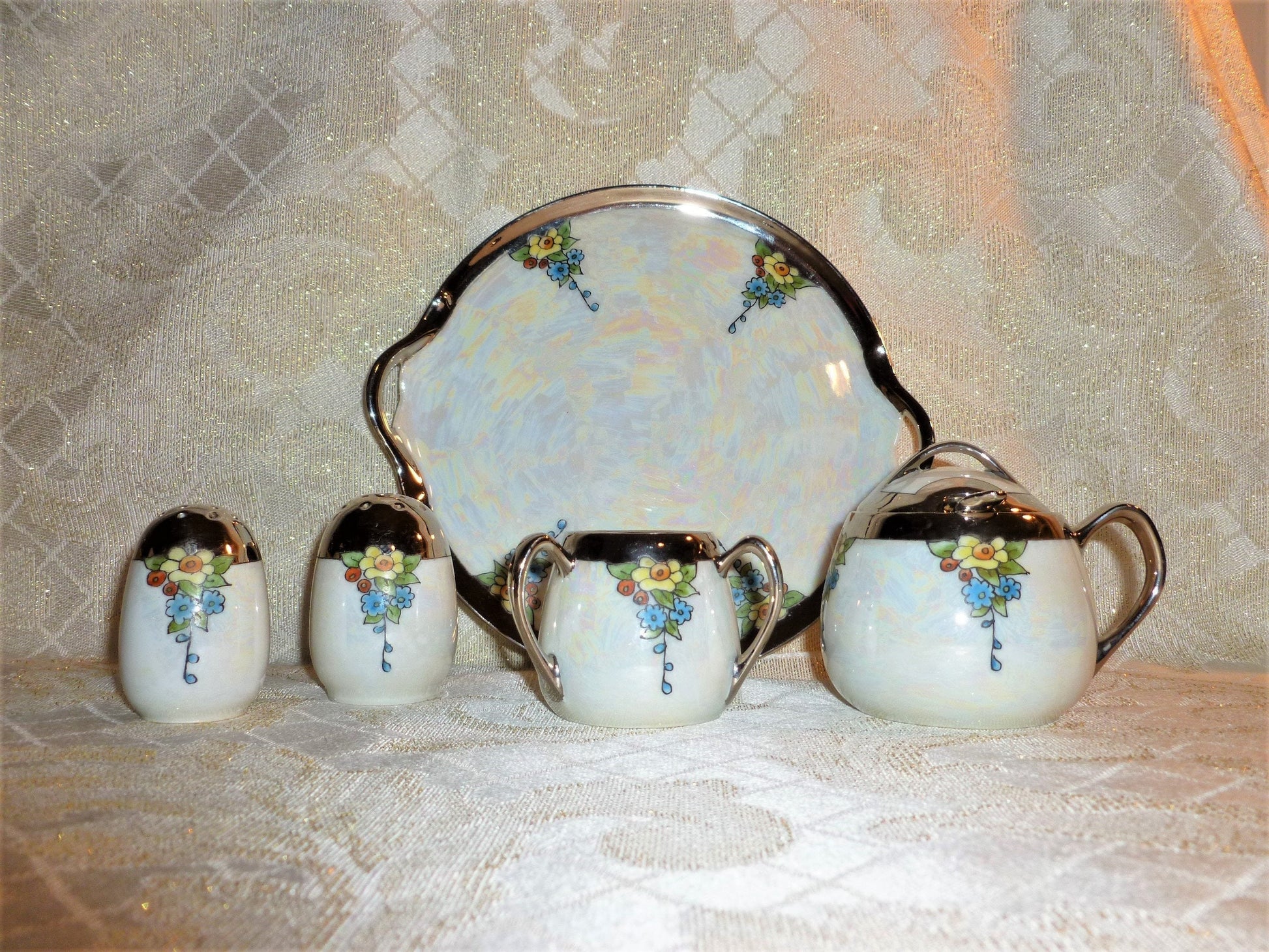 Vintage Lusterware Condiment Set: Floral Design, Silver Glaze, Germany