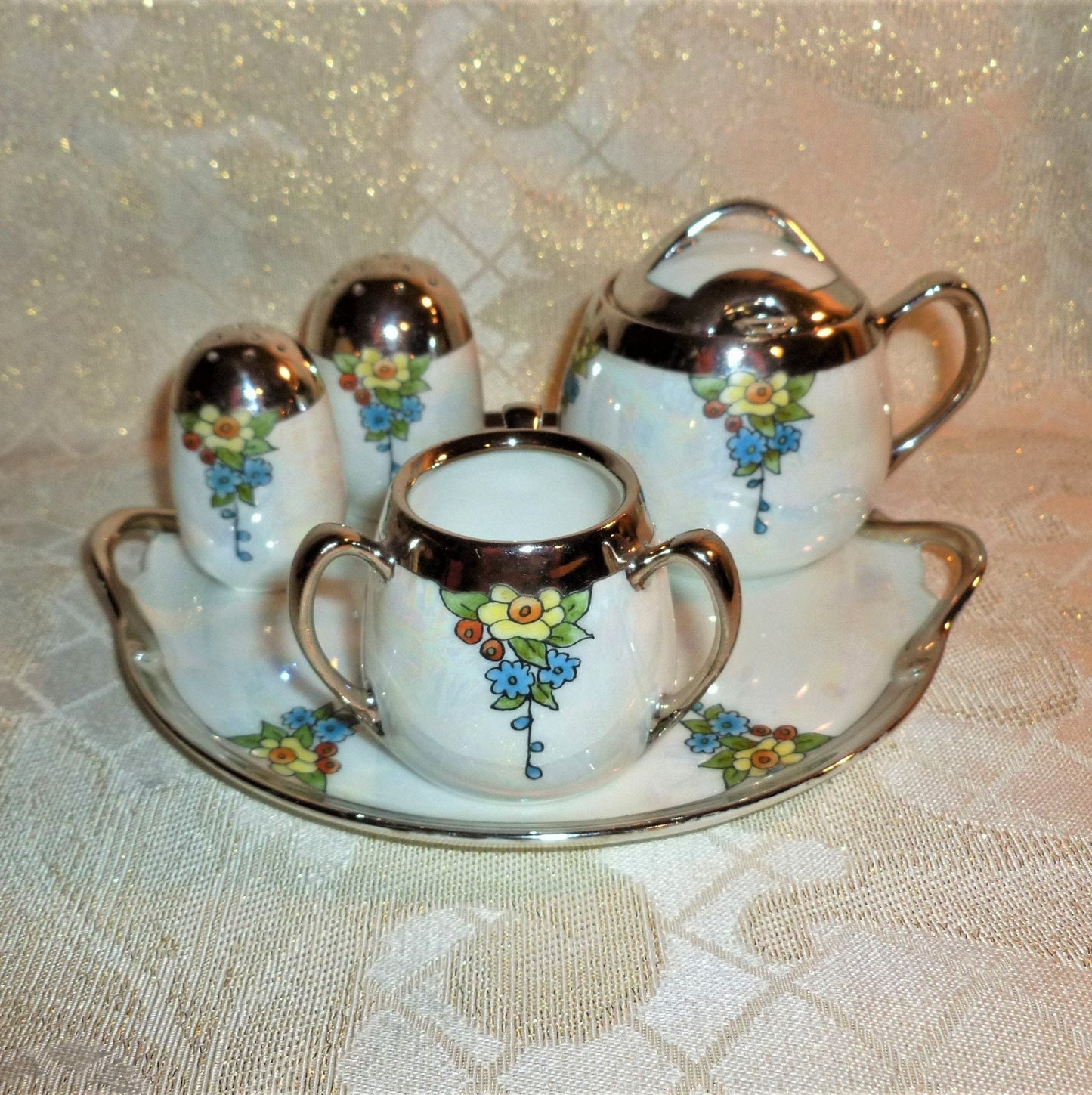 Vintage Lusterware Condiment Set: Floral Design, Silver Glaze, Germany