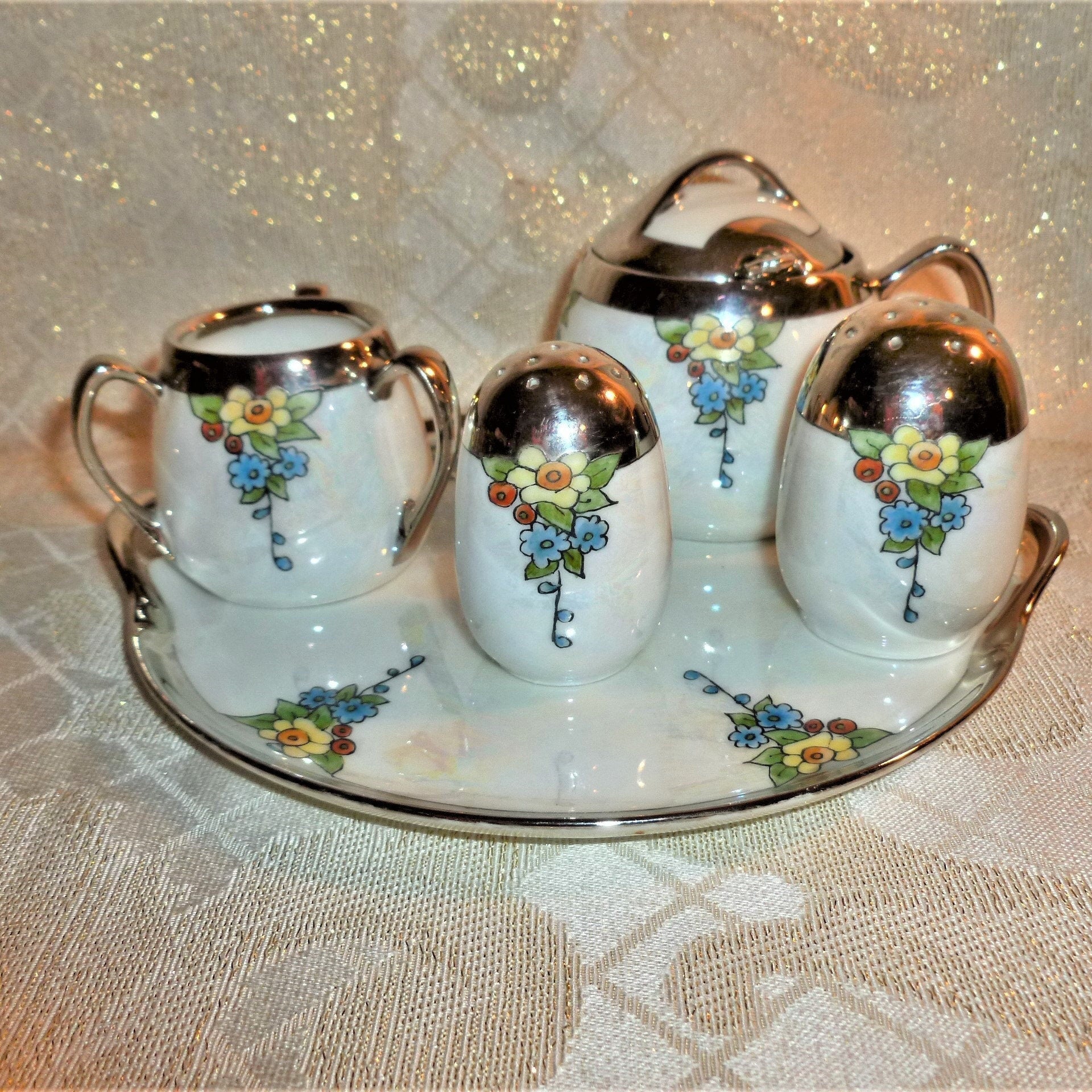 Vintage Lusterware Condiment Set: Floral Design, Silver Glaze, Germany