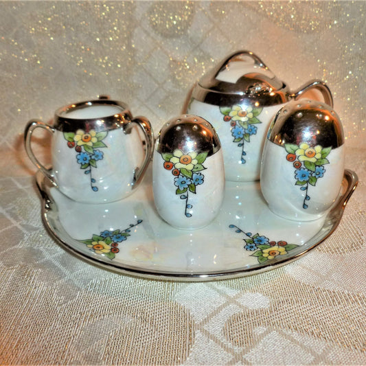 Vintage Lusterware Condiment Set: Floral Design, Silver Glaze, Germany