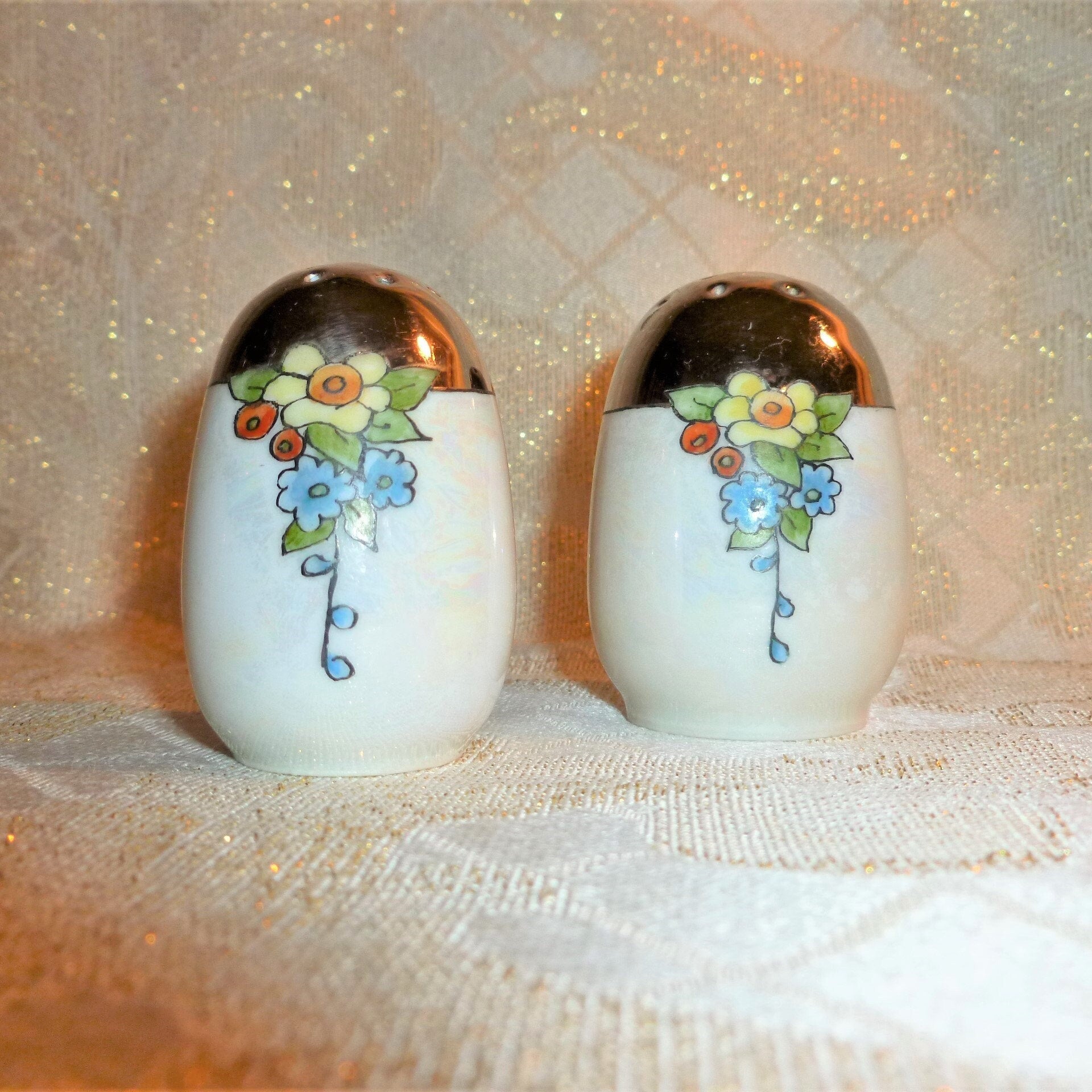 Vintage Lusterware Condiment Set: Floral Design, Silver Glaze, Germany
